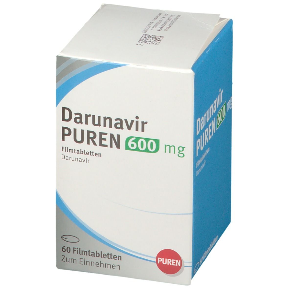 Darunavir PUREN 600 mg, Filmtabletten. Blaue Schachtel mit weißer Schrift. 60 Tabletten. PUREN Logo.