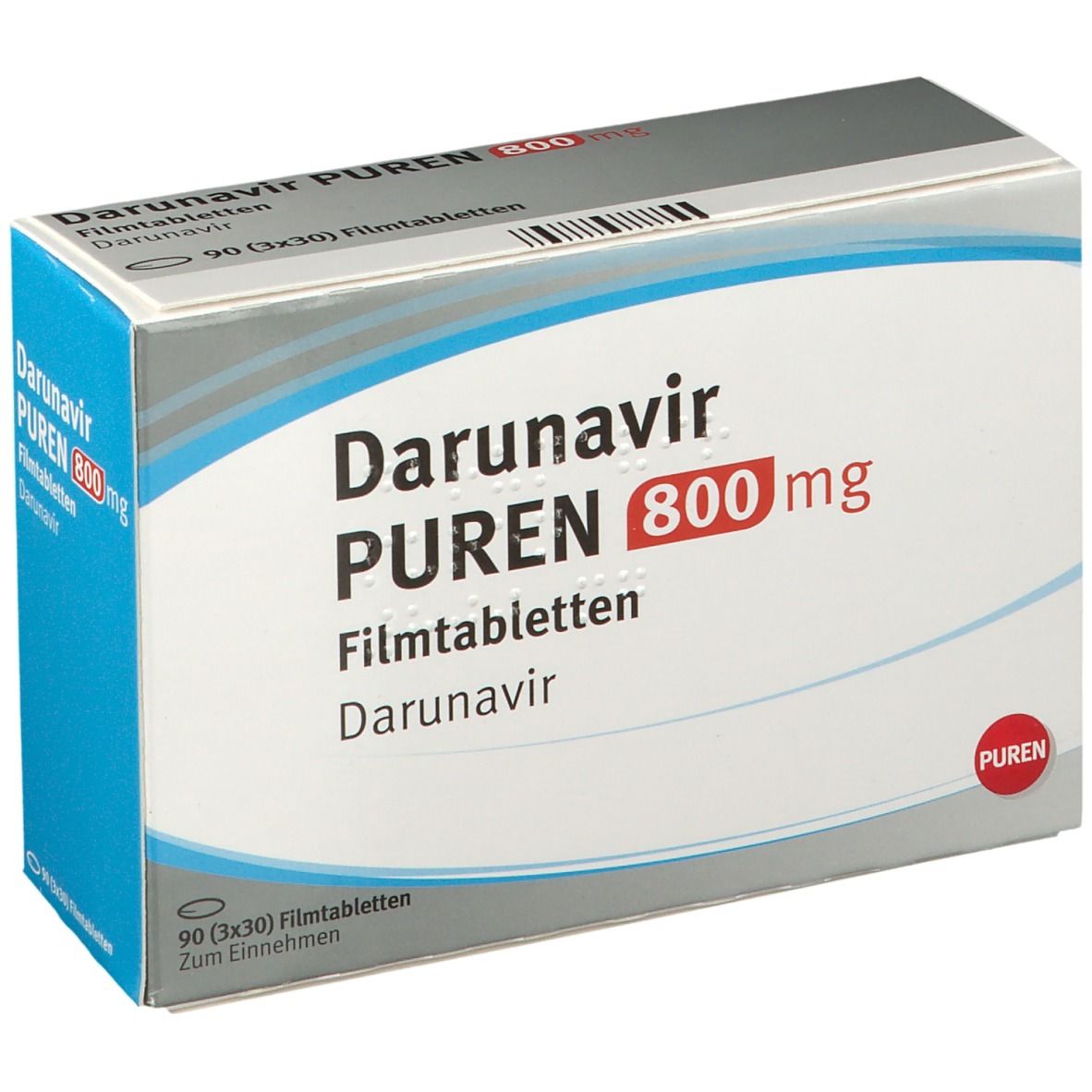 Darunavir PUREN 800 mg Filmtabletten-Packung. Weiß-graue Schachtel mit blauen Akzenten. Beschriftung: Darunavir PUREN 800 mg, 90 Filmtabletten.