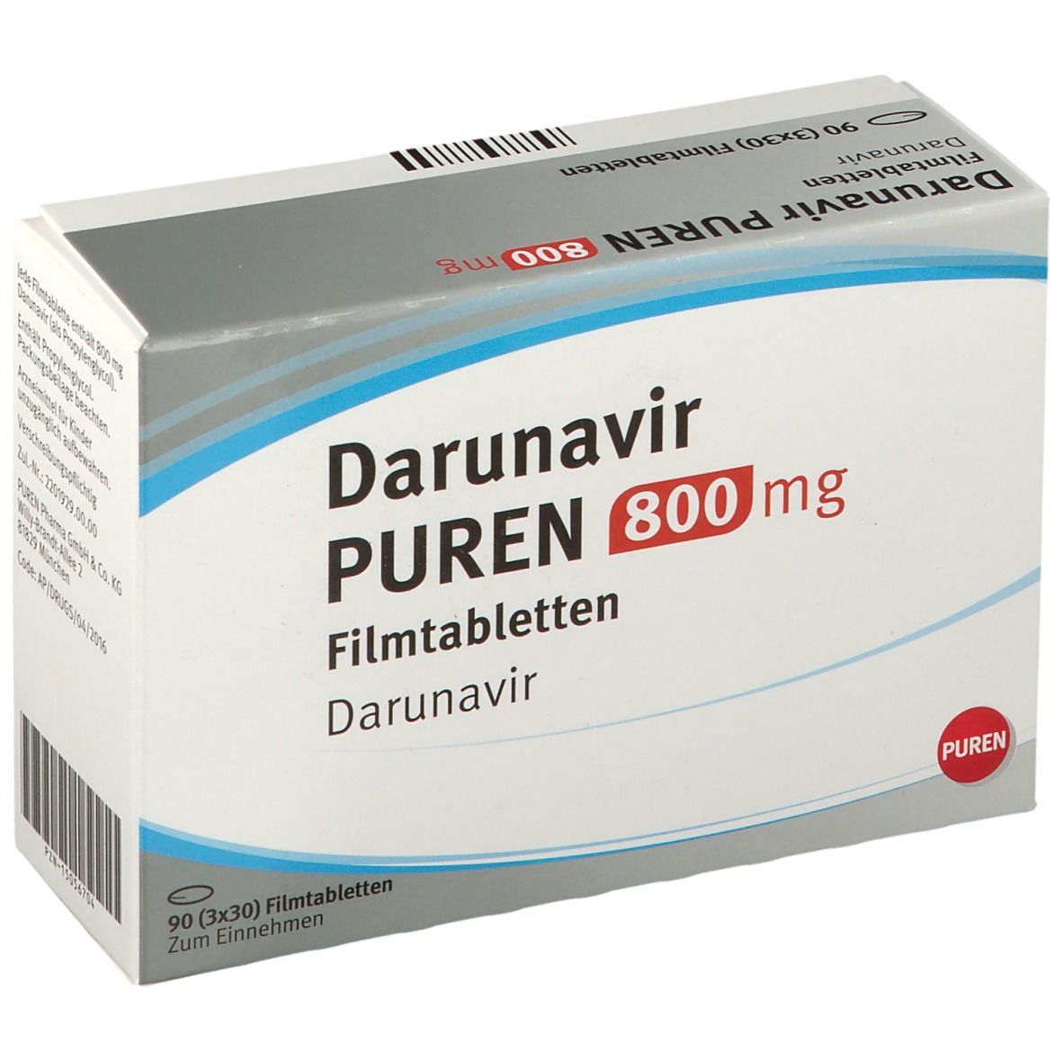 Darunavir PUREN 800 mg Filmtabletten-Packung. Weiß-graue Schachtel mit blauen Akzenten. Beschriftung: Darunavir PUREN 800 mg, 90 Filmtabletten.