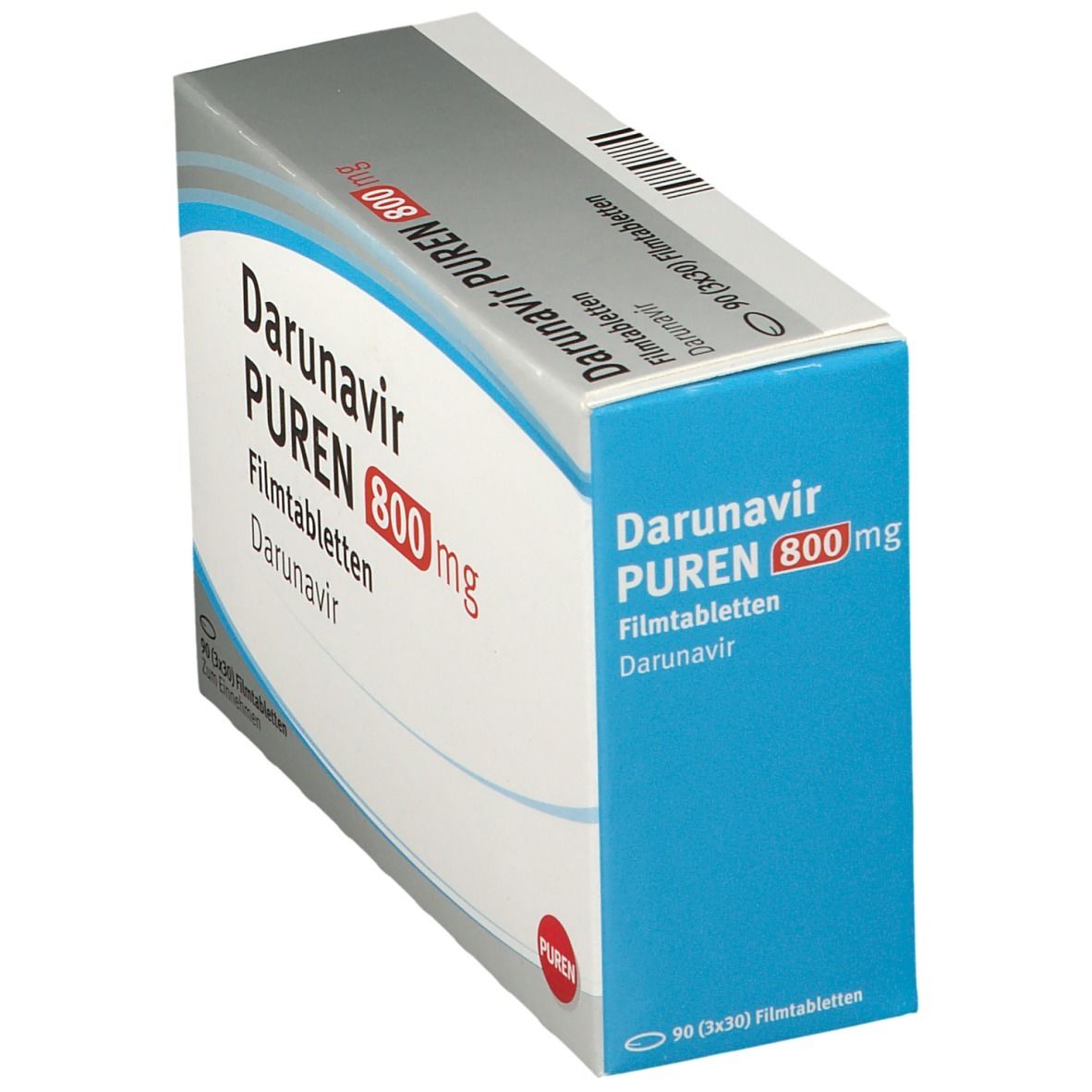Darunavir PUREN 800 mg Filmtabletten-Packung. Weiß-graue Schachtel mit blauen Akzenten. Beschriftung: Darunavir PUREN 800 mg, 90 Filmtabletten.