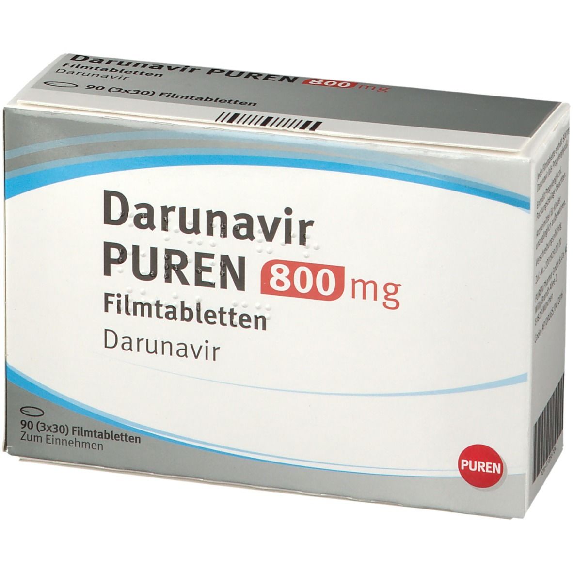 Darunavir PUREN 800 mg Filmtabletten-Packung. Weiß-graue Schachtel mit blauen Akzenten. Beschriftung: Darunavir PUREN 800 mg, 90 Filmtabletten.