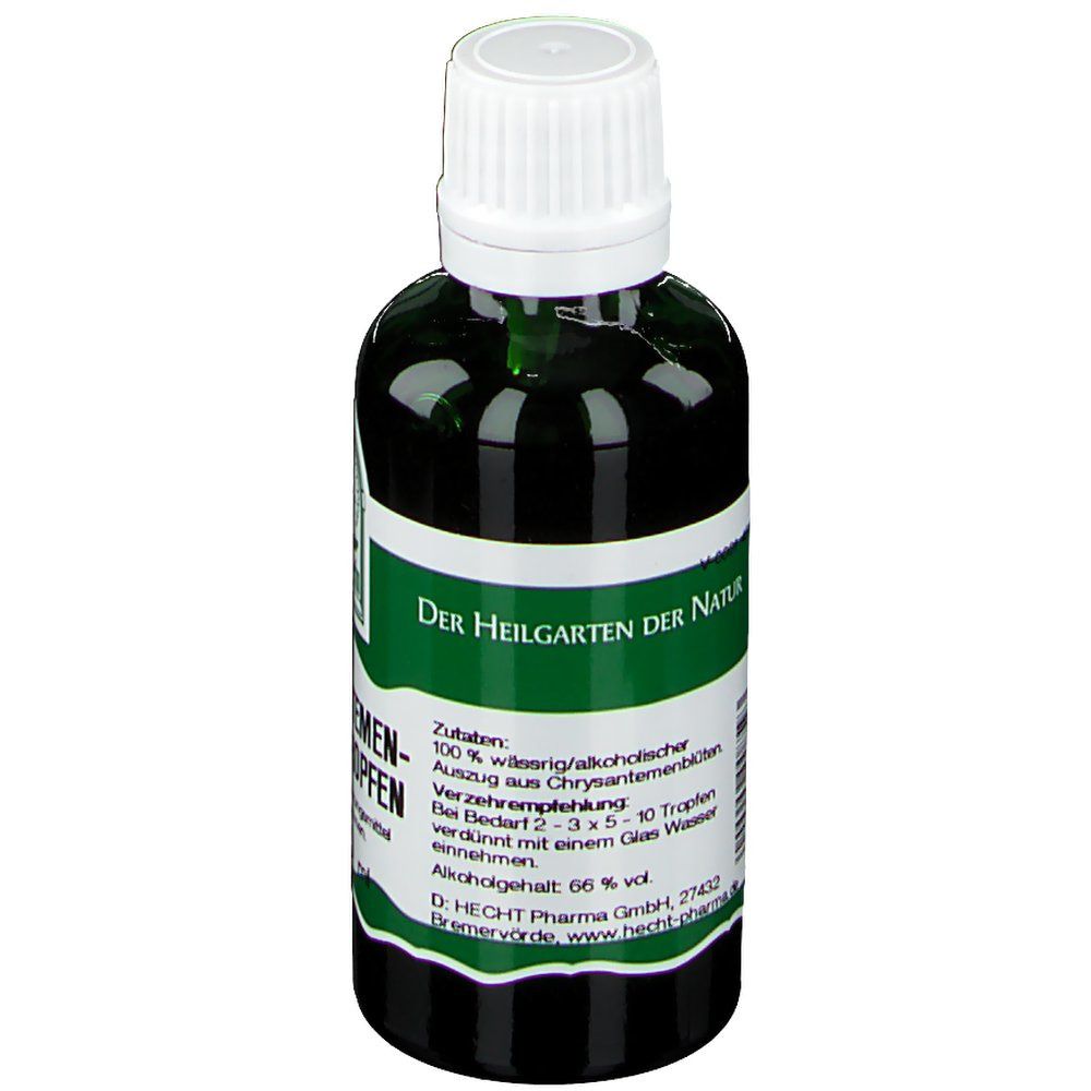 Grüne Glasflasche mit weißem Deckel. Etikett mit Produktinformationen. 'Der Heilgarten der Natur'.
