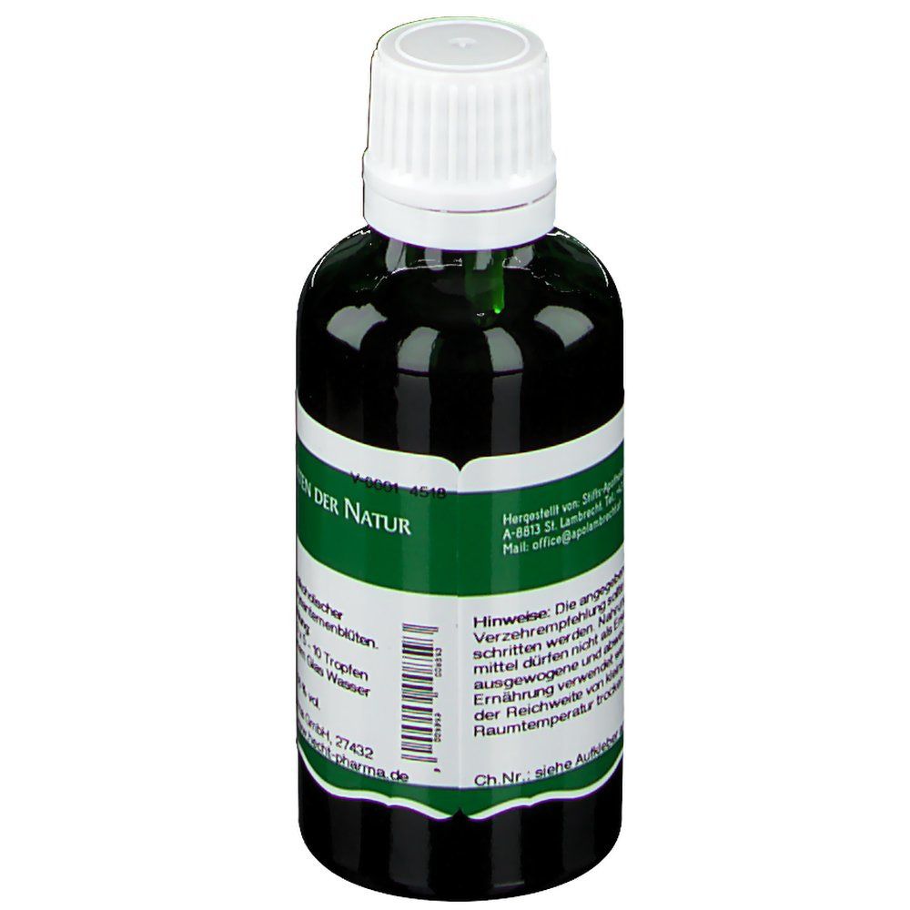 Grüne Glasflasche mit weißem Deckel. Etikett mit Produktinformationen und Herstelleradresse.