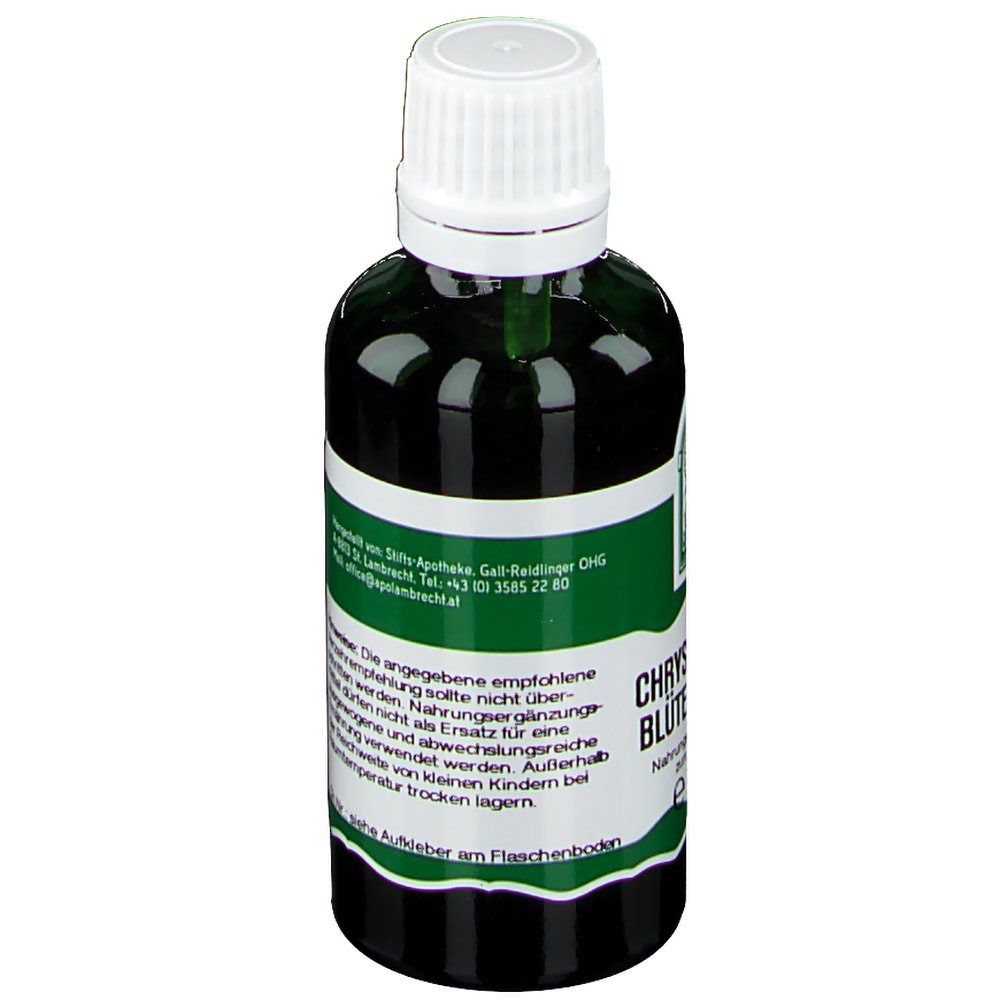 Grüne Glasflasche mit weißem Deckel. Etikett mit Produktinformationen und Apothekenadresse.