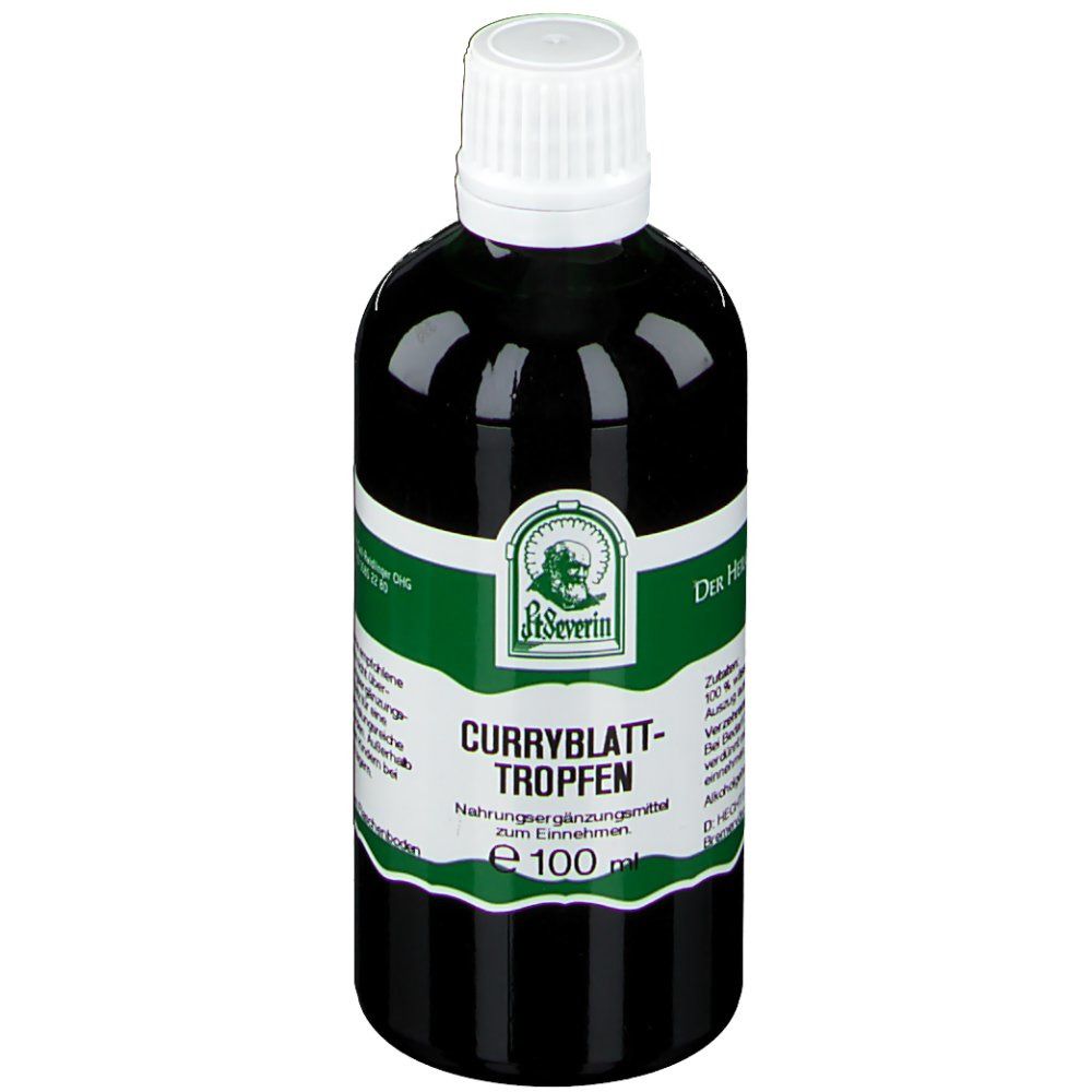 Braune Flasche mit weißem Deckel. Etikett mit "St. Severin Curryblatt Tropfen".