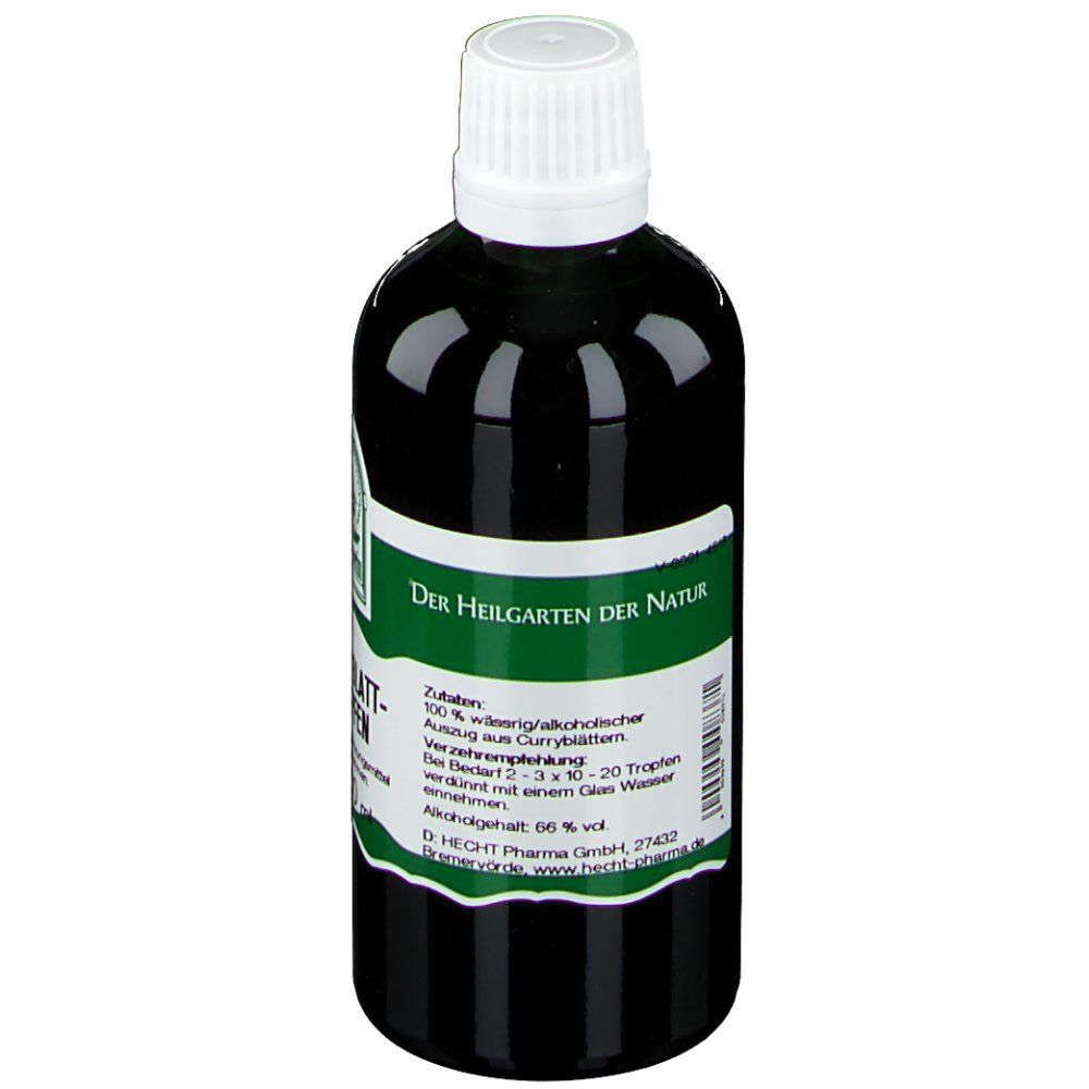 Braune Flasche mit weißem Deckel. Etikett mit Inhaltsstoffen und "Der Heilgarten der Natur".