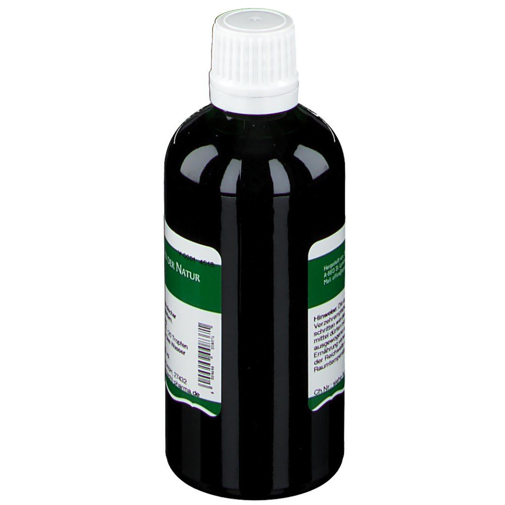 Braune Flasche mit weißem Deckel. Etikett mit Text und Barcode.