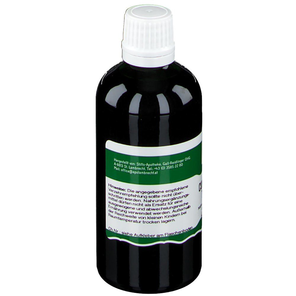 Braune Flasche mit weißem Deckel. Etikett mit Warnhinweisen und Herstellerinformationen.
