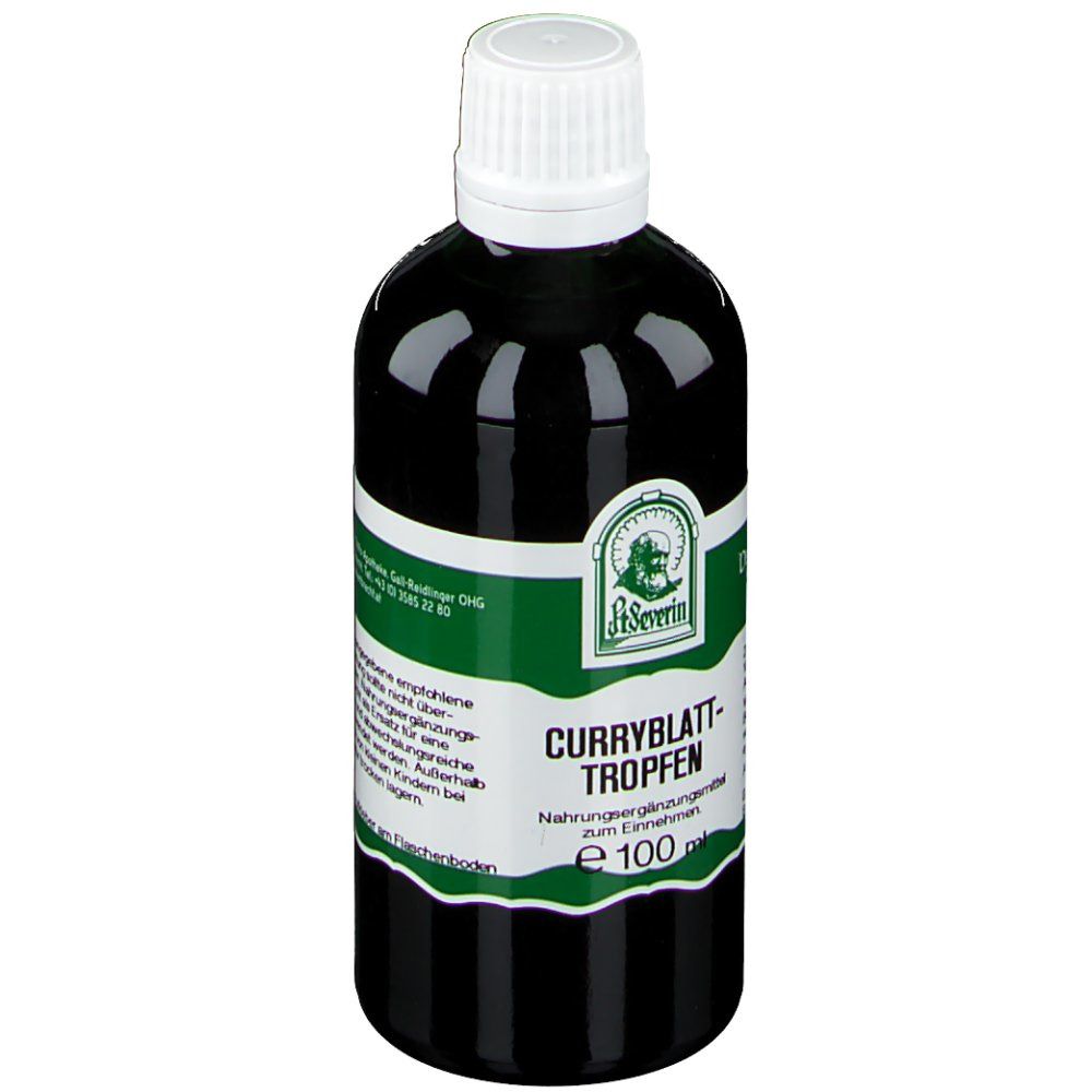 Braune Flasche mit weißem Deckel. Etikett mit "St. Severin Curryblatt Tropfen" und Logo.