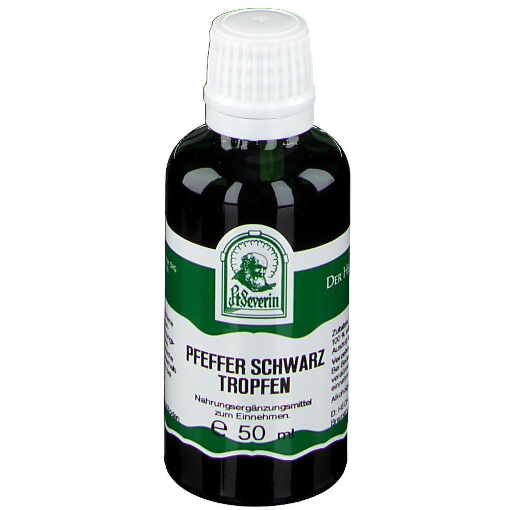 Grüne Glasflasche mit weißem Schraubverschluss. Etikett mit Produktnamen und Logo. Pfeffer Schwarz Tropfen, 50 ml.