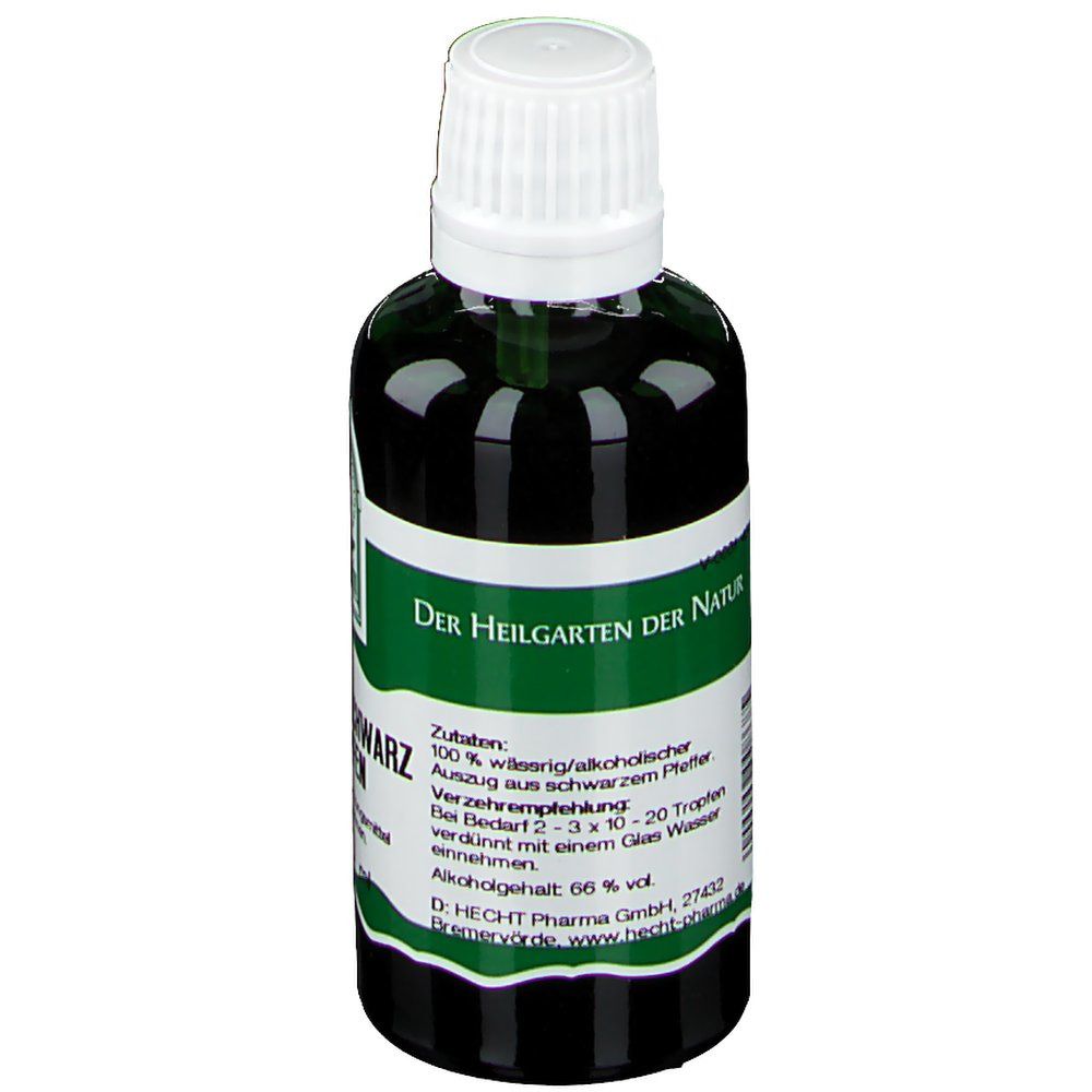 Grüne Glasflasche mit weißem Schraubverschluss. Etikett mit Produktinformationen. Pfeffer Schwarz Tropfen, 50 ml.