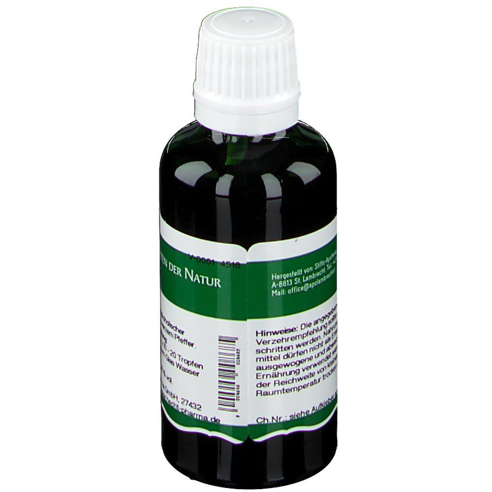 Grüne Glasflasche mit weißem Schraubverschluss. Etikett mit Produktinformationen. Pfeffer Schwarz Tropfen, 50 ml.
