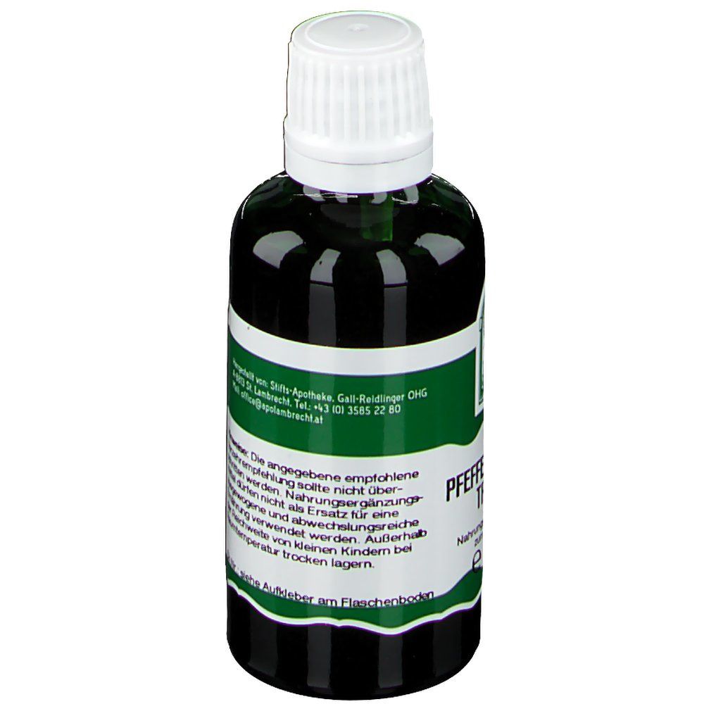 Grüne Glasflasche mit weißem Schraubverschluss. Etikett mit Produktinformationen. Pfeffer Schwarz Tropfen, 50 ml.