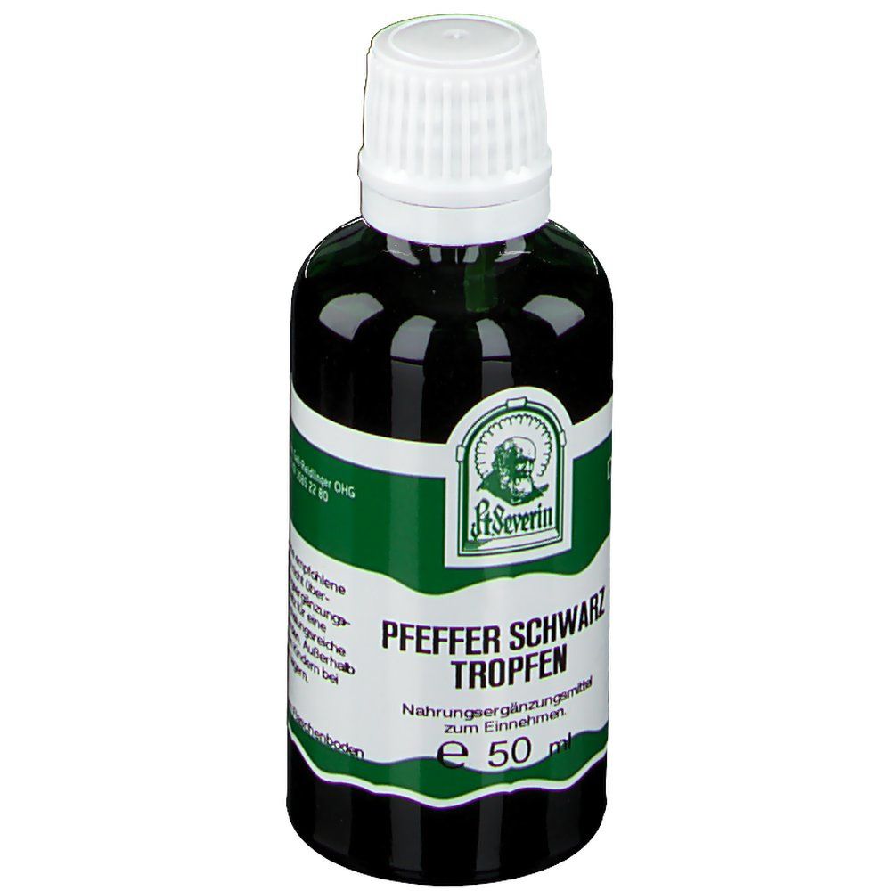 Grüne Glasflasche mit weißem Schraubverschluss. Etikett mit Produktnamen und Logo. Pfeffer Schwarz Tropfen, 50 ml.