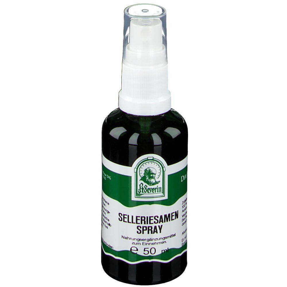 Grüne Glasflasche mit weißem Sprühkopf. Aufschrift: St. Severin Selleriesamen Spray. Grünes Etikett mit Logo.