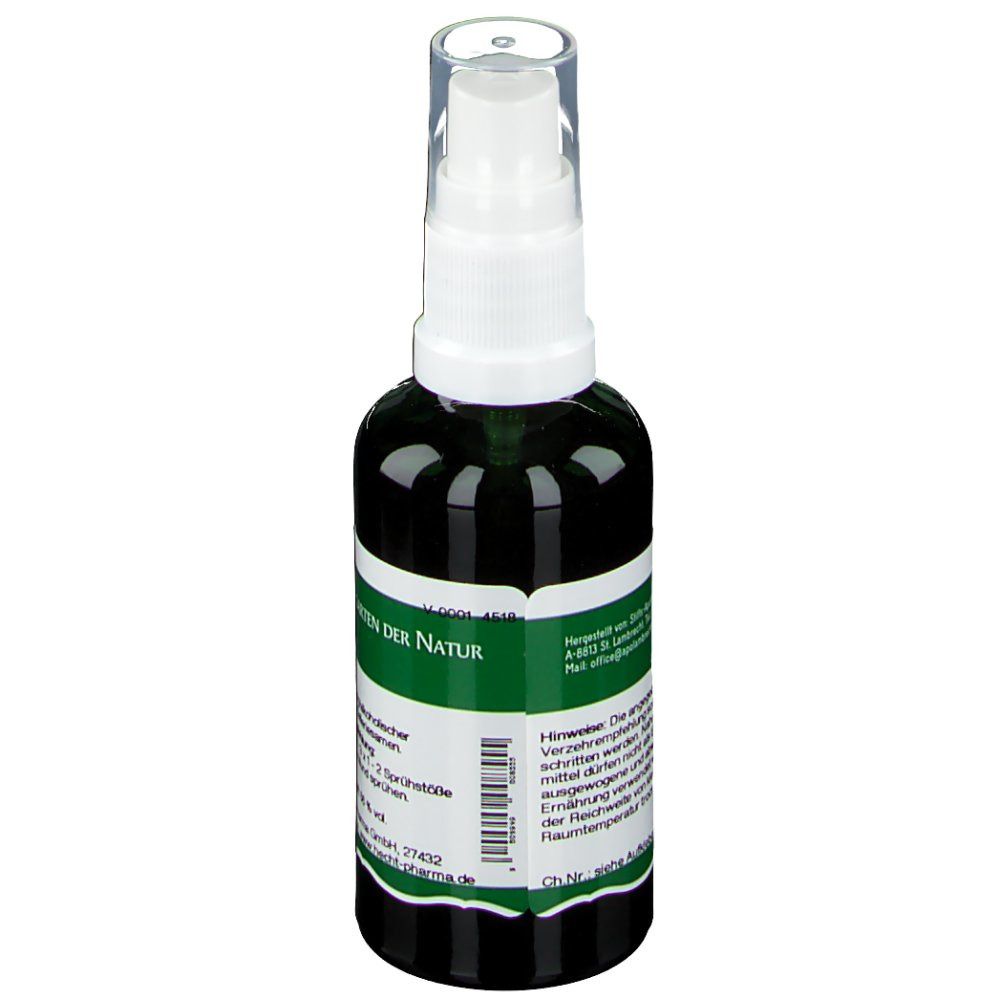 Grüne Glasflasche mit weißem Sprühkopf. Etikett mit Text und Logo. Aufschrift: Selleriesamen Spray. Barcode sichtbar.