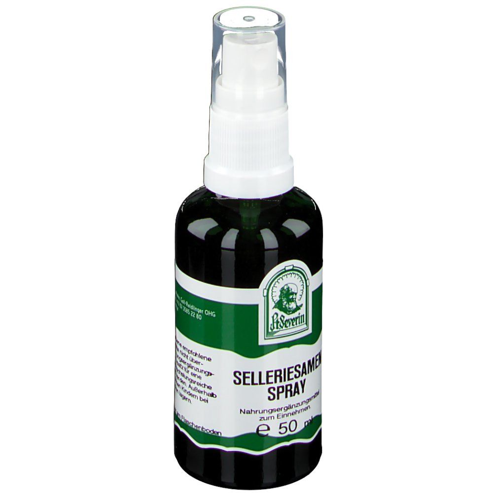Grüne Glasflasche mit weißem Sprühkopf. Aufschrift: St. Severin Selleriesamen Spray. Grünes Etikett mit Logo. E 50 ml.