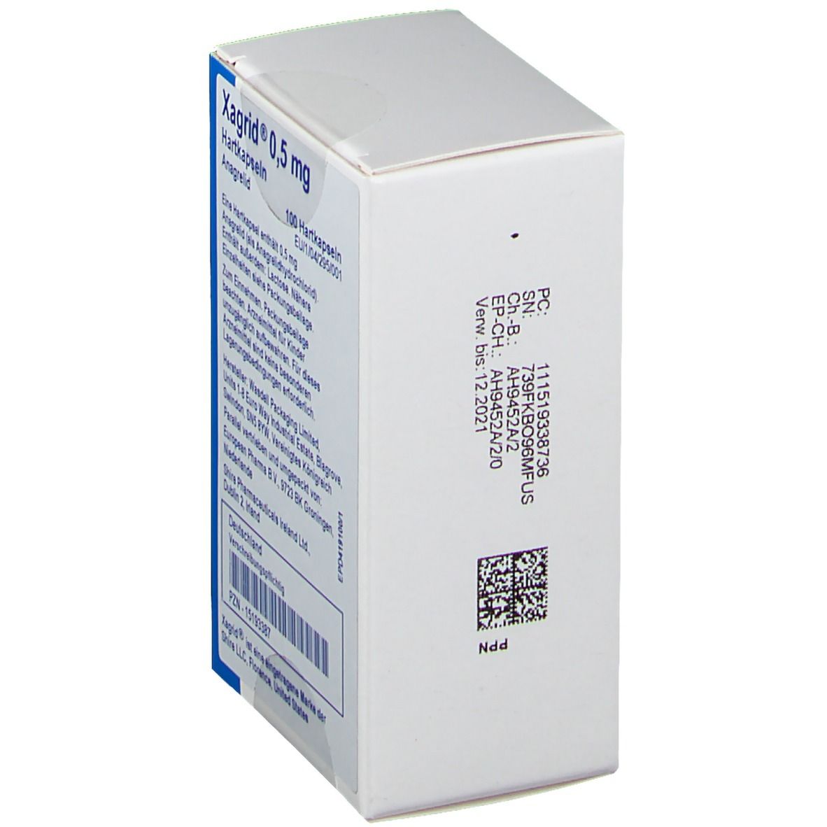 Weiße Arzneimittelverpackung mit Text. Aufschrift: Xagrid 0,5 mg Hartkapseln. Enthält 100 Hartkapseln. Barcode und Chargennummer.
