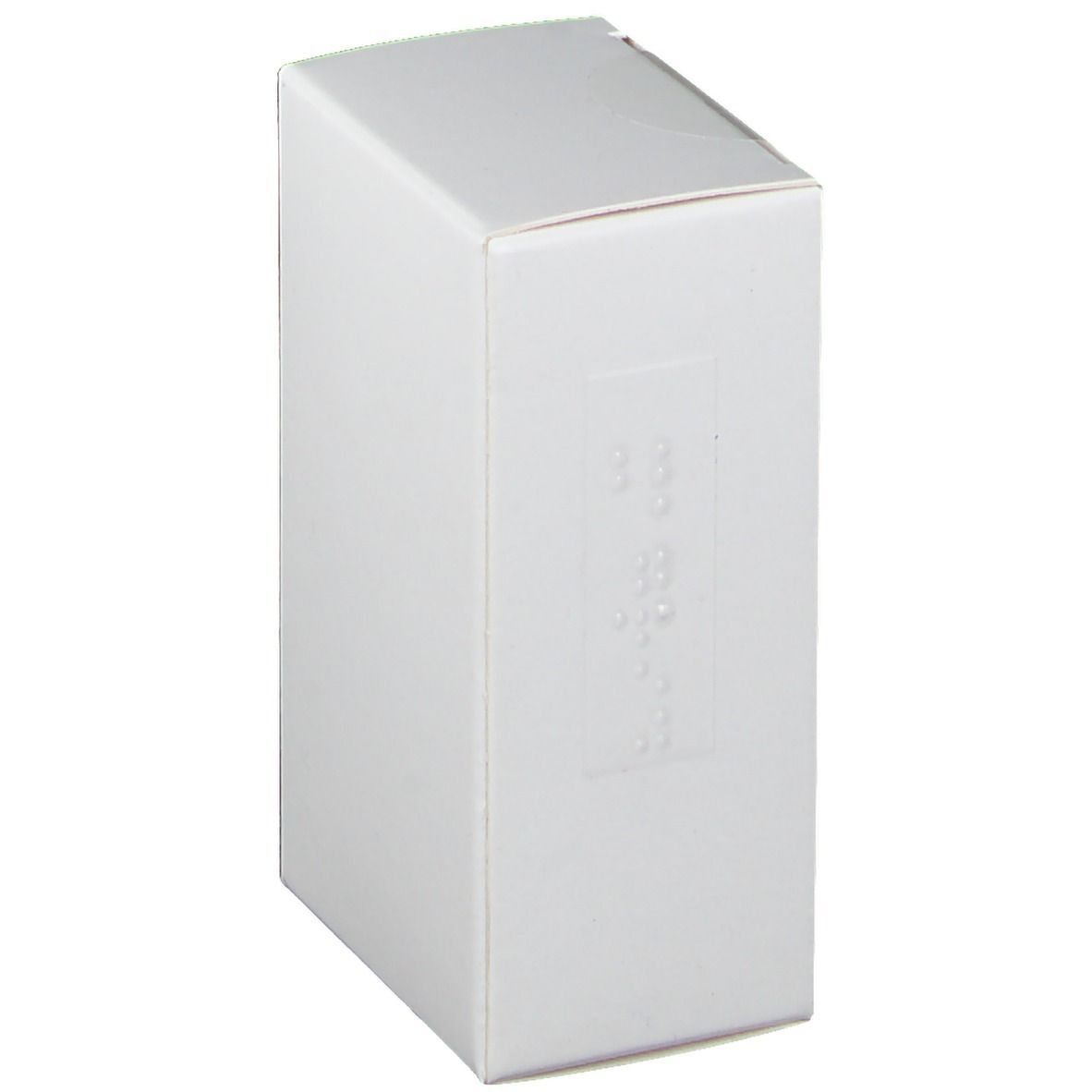 Weiße Arzneimittelverpackung mit Blindenschrift auf einer Seite.