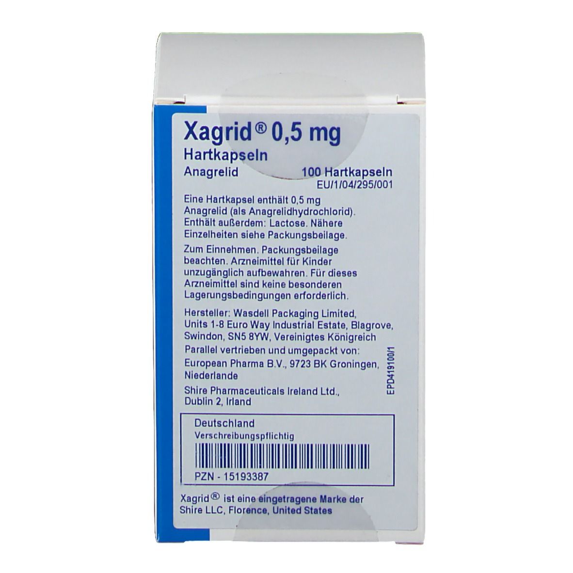 Weiße Arzneimittelverpackung mit Text. Aufschrift: Xagrid 0,5 mg Hartkapseln. Enthält 100 Hartkapseln. Herstellerinformationen.