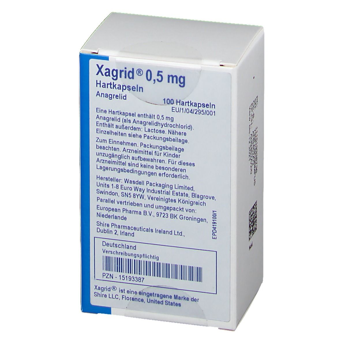 Weiße Arzneimittelverpackung mit Text. Aufschrift: Xagrid 0,5 mg Hartkapseln. Enthält 100 Hartkapseln. Herstellerinformationen.
