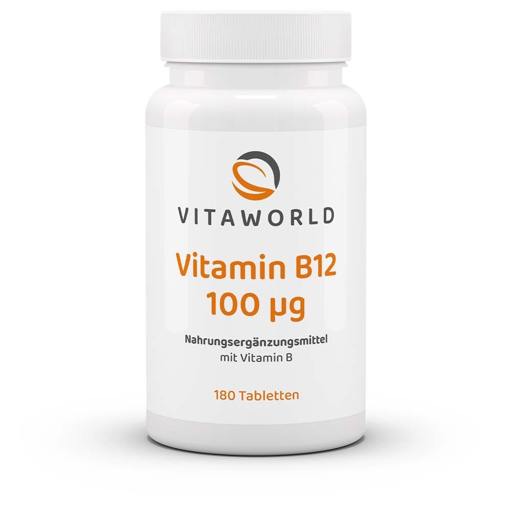 Weiße Flasche mit Vitamin B12 100 µg. Aufschrift: VITAWORLD. 180 Tabletten. Nahrungsergänzungsmittel.