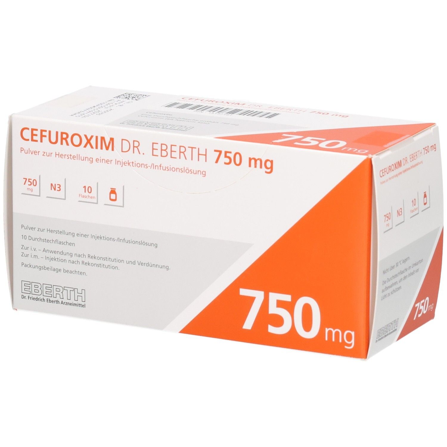 Cefuroxim Dr. Eberth 750 mg Pulver zur Herstellung einer Injektions-/Infusionslösung in einer Packung mit 10 Durchstechflaschen.