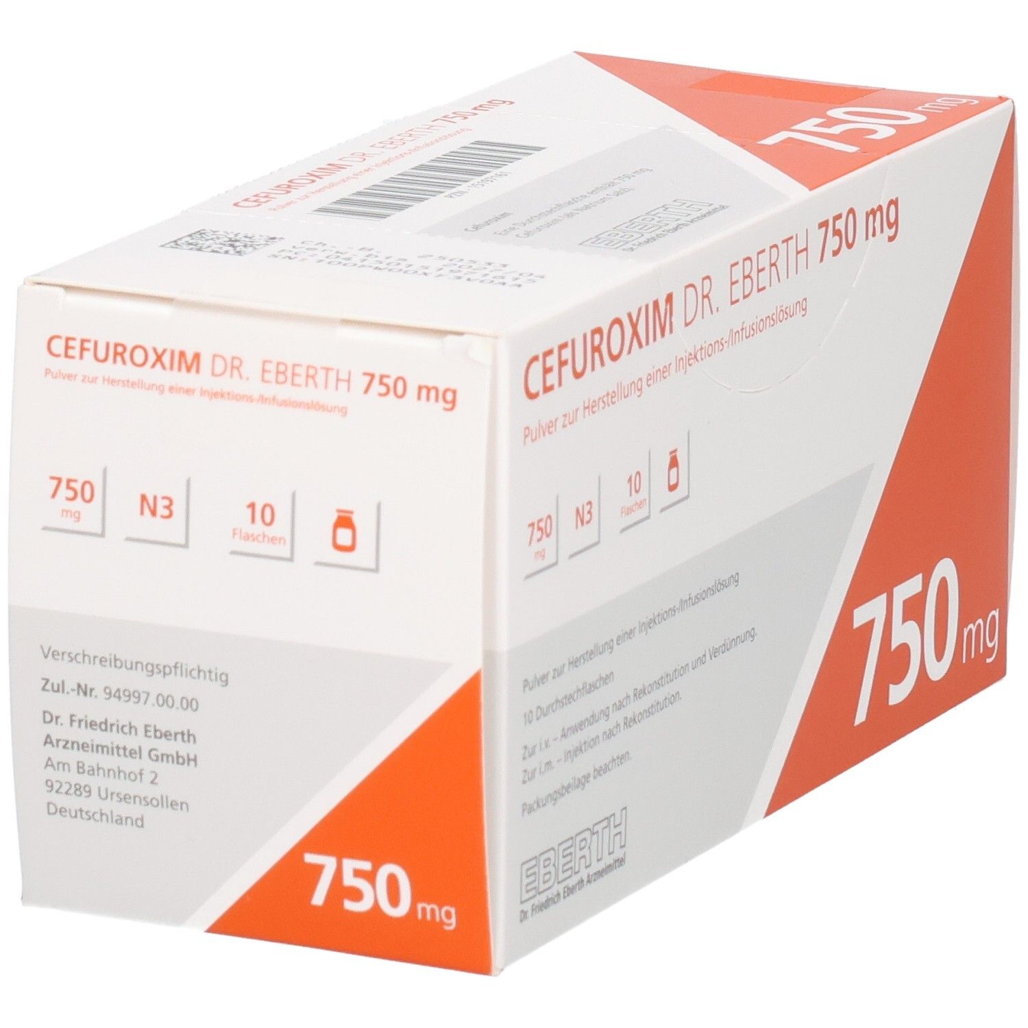 Cefuroxim Dr. Eberth 750 mg Pulver zur Herstellung einer Injektions-/Infusionslösung, Packung mit 10 Durchstechflaschen.