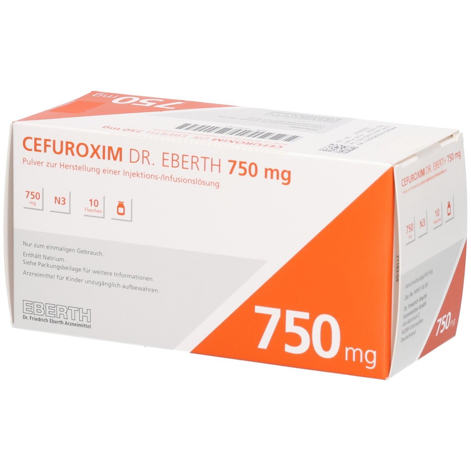 Cefuroxim Dr. Eberth 750 mg Pulver zur Herstellung einer Injektions-/Infusionslösung, 10 Durchstechflaschen.