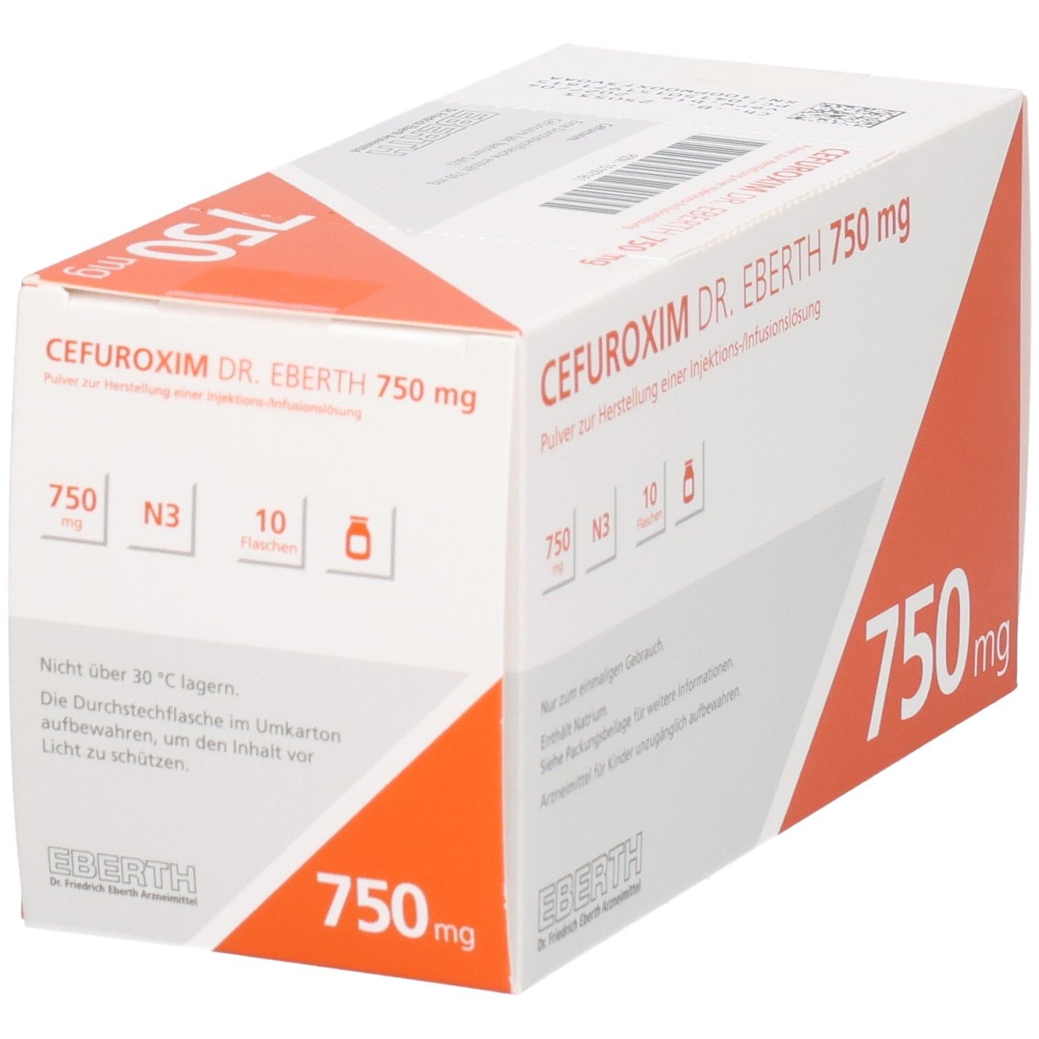 Cefuroxim Dr. Eberth 750 mg Pulver zur Herstellung einer Injektions-/Infusionslösung, Packung mit 10 Durchstechflaschen.