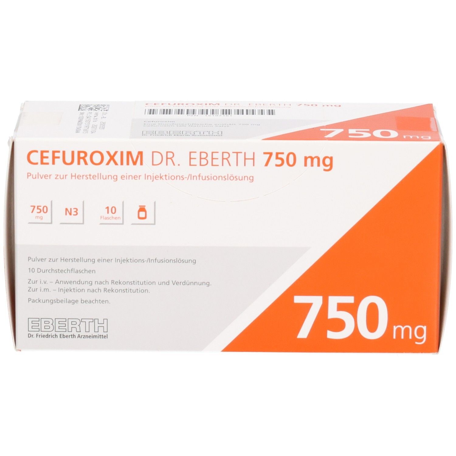 Cefuroxim Dr. Eberth 750 mg Pulver zur Herstellung einer Injektions-/Infusionslösung, 10 Durchstechflaschen.