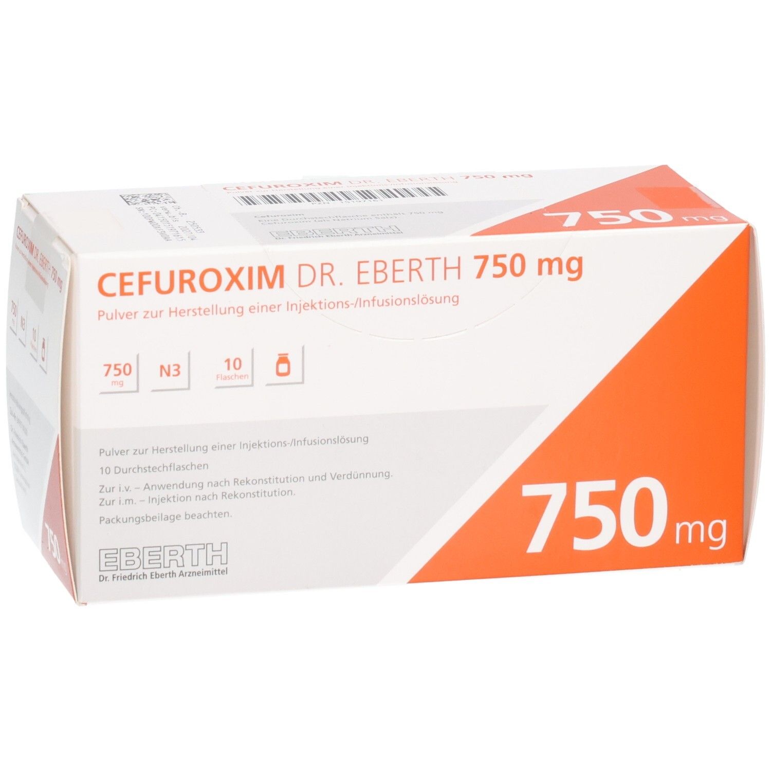 Cefuroxim Dr. Eberth 750 mg Pulver zur Herstellung einer Injektions-/Infusionslösung, 10 Durchstechflaschen.