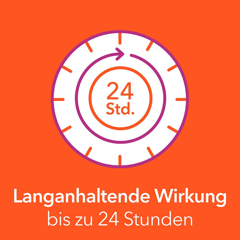 Kreis mit Pfeil und 24 Std. Text: Langanhaltende Wirkung bis zu 24 Stunden.