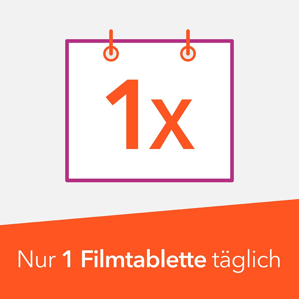 Kalendersymbol mit Zahl 1 und Text: Nur 1 Filmtablette täglich. Hintergrund orange.