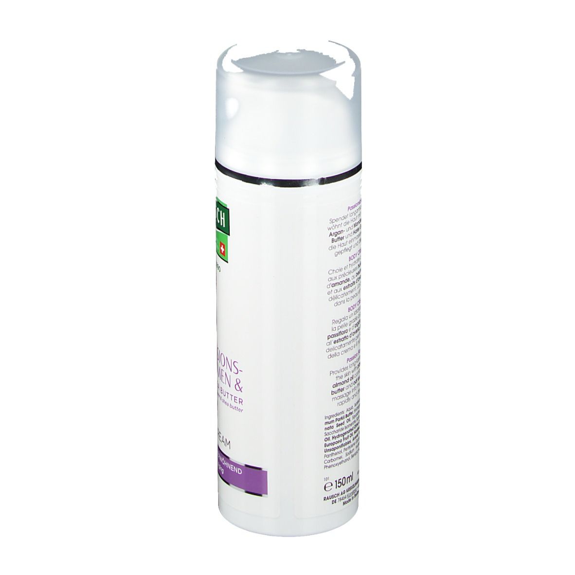 Weißer Spender, Seitenansicht. Text: Inhaltsstoffe, Anwendung. Rausch Logo, Schweizer Kreuz. 150ml.