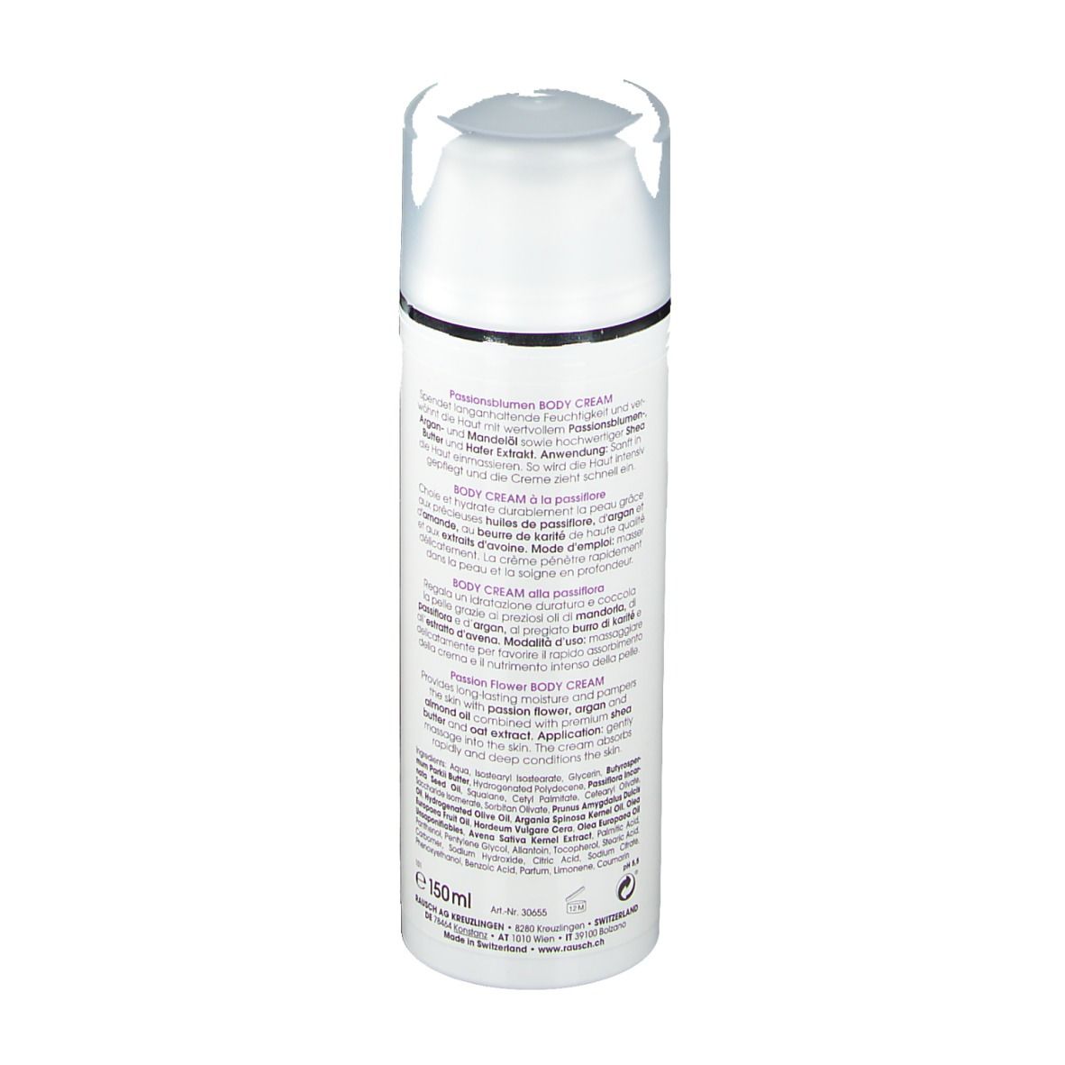 Weißer Spender, Rückansicht. Text: Inhaltsstoffe, Anwendung. Rausch Logo, Schweizer Kreuz. 150ml.