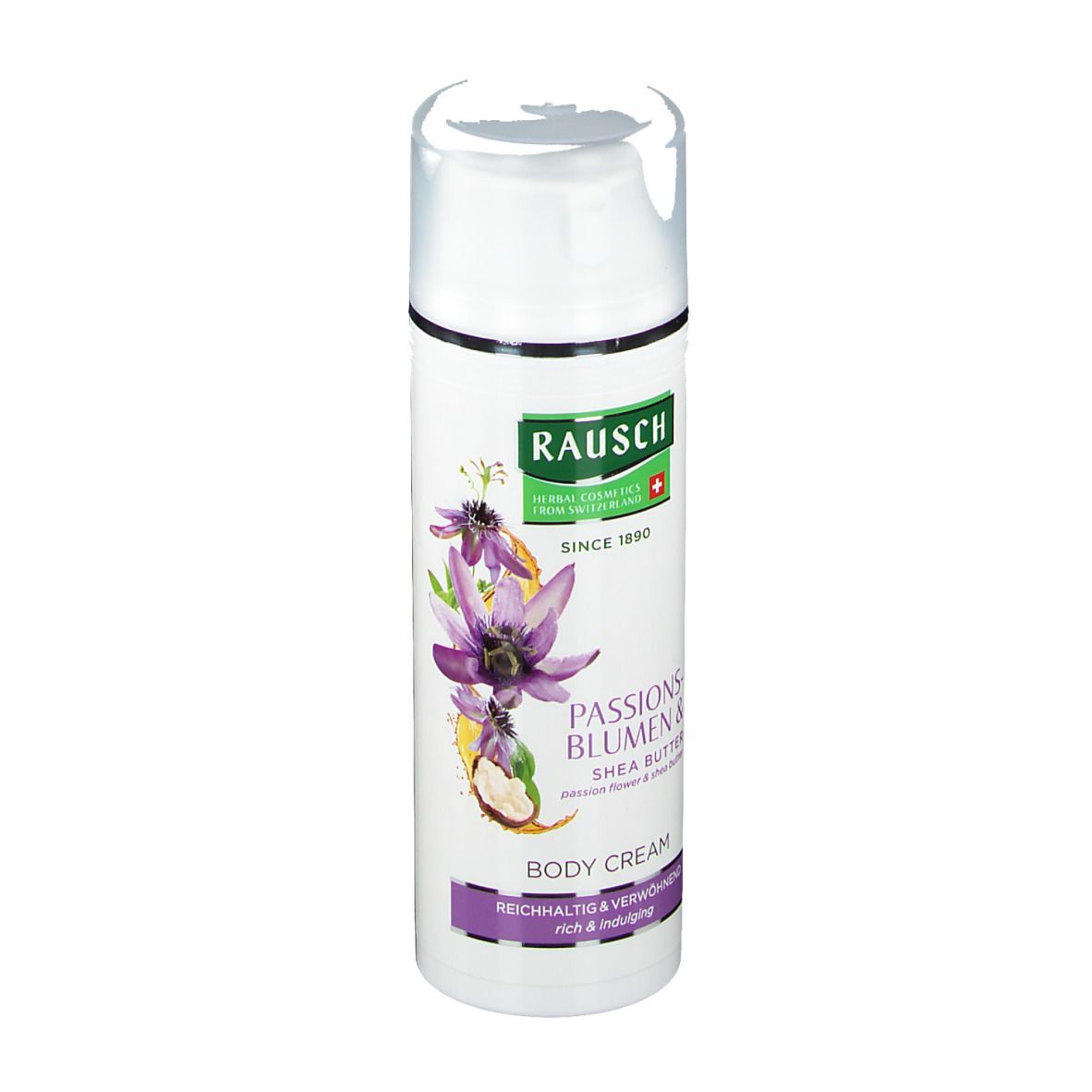 Weißer Spender. Rausch Logo, Passionsblumen & Shea Butter Body Cream. Schweizer Kreuz. Produktansicht.