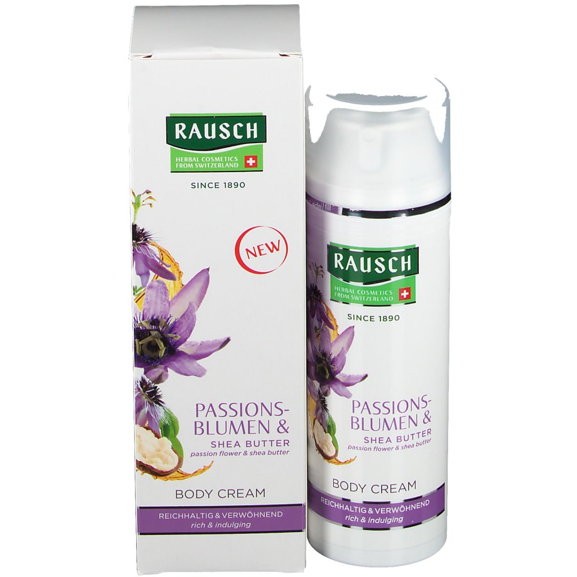 Produktverpackung und Spender. Rausch Logo, Passionsblumen & Shea Butter Body Cream. Schweizer Kreuz. Neu.