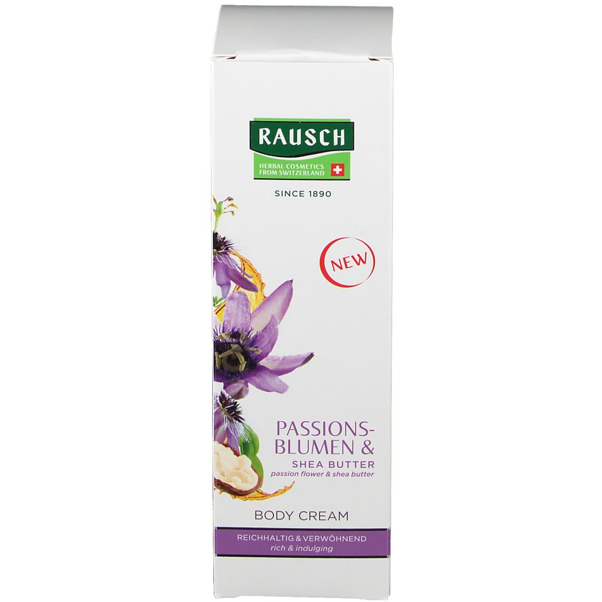 Produktverpackung. Rausch Logo, Passionsblumen & Shea Butter Body Cream. Schweizer Kreuz. Neu.