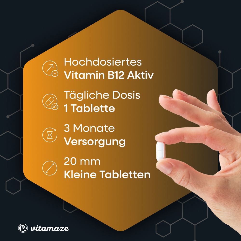 Hand hält Tablette. Infografik: Vitamin B12 Aktiv, 1 Tablette täglich, 3 Monate Versorgung, 20 mm Tabletten.