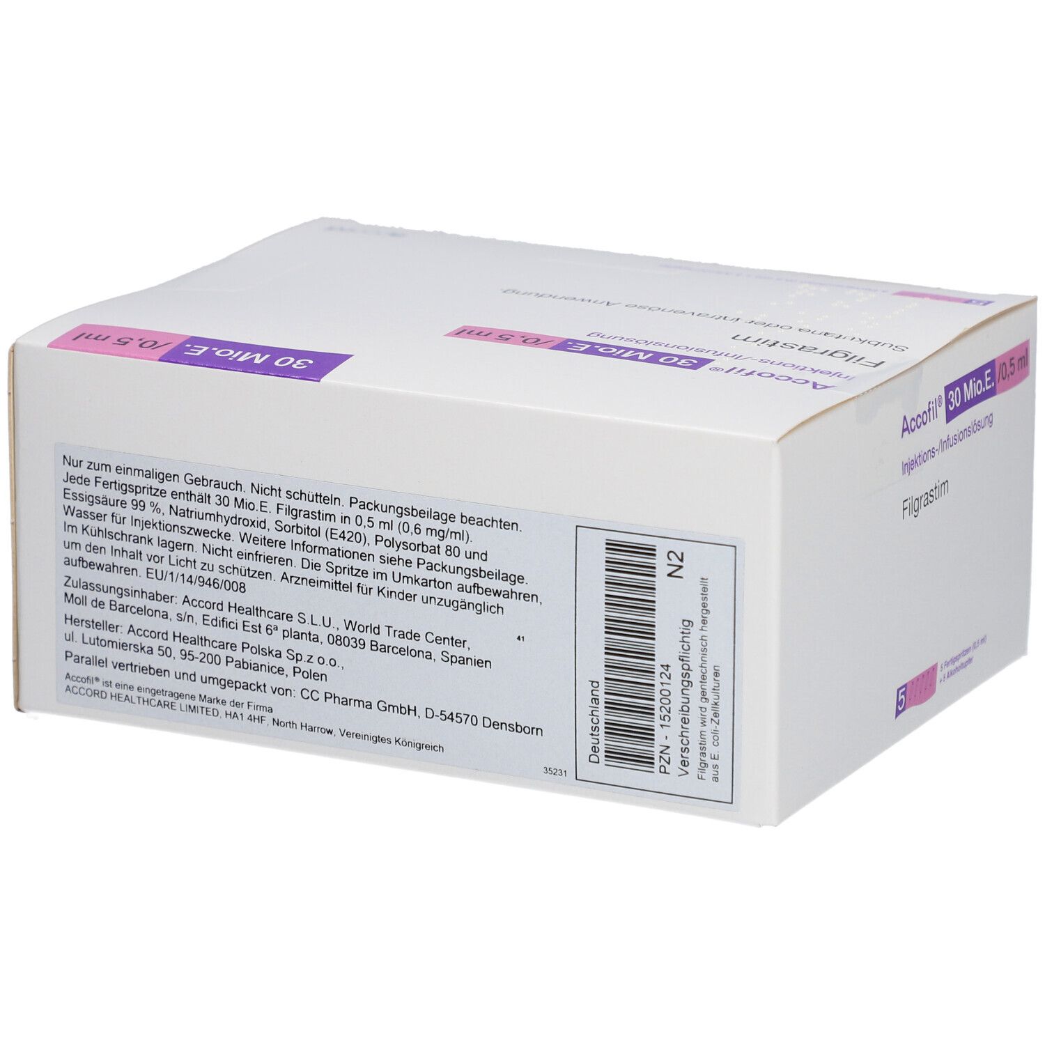 Accofil 30 Mio.E./0,5 ml Injektionslösung Filgrastim, Seitenansicht mit Beschriftung.
