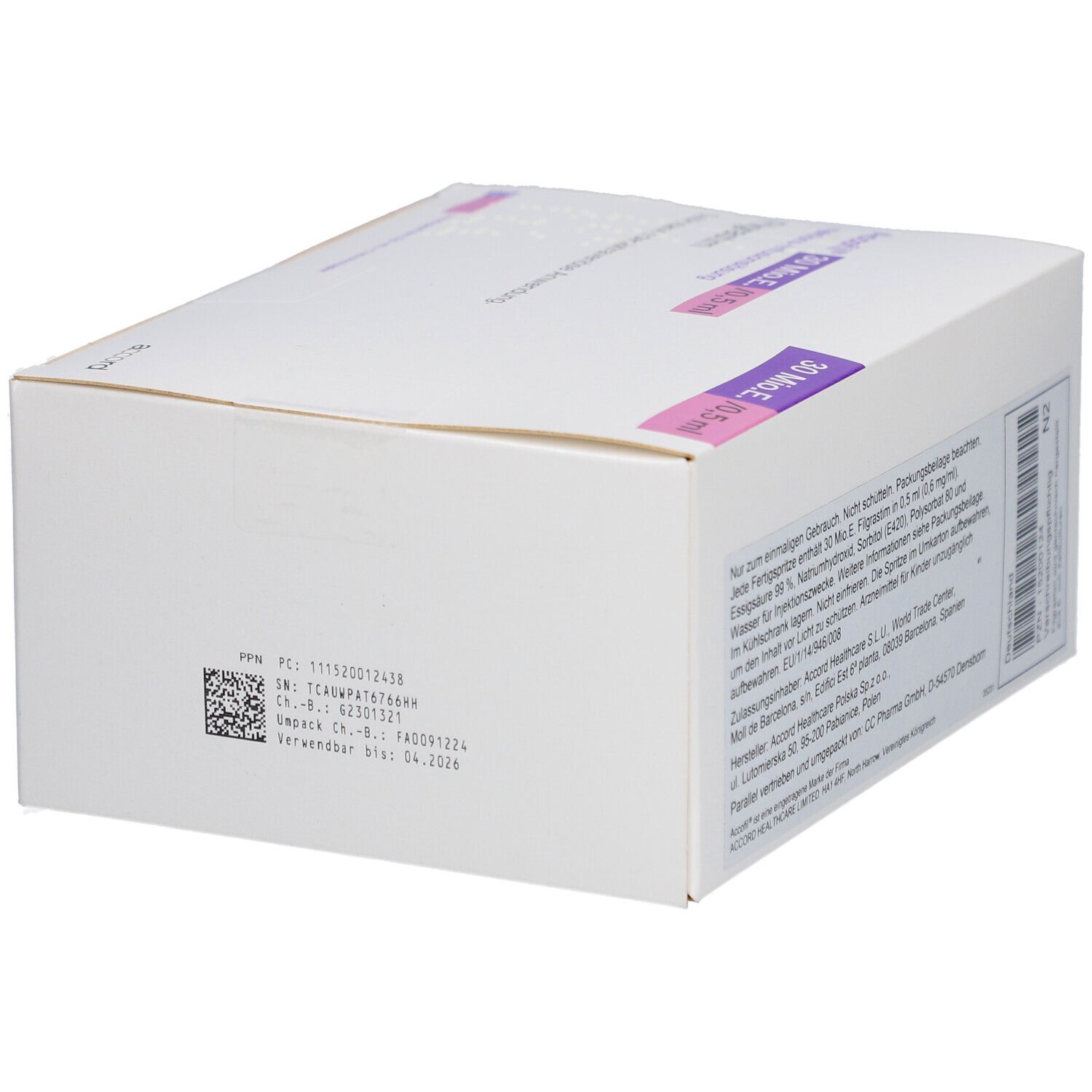 Accofil 30 Mio.E./0,5 ml Injektionslösung Filgrastim, Rückseite mit Barcode.