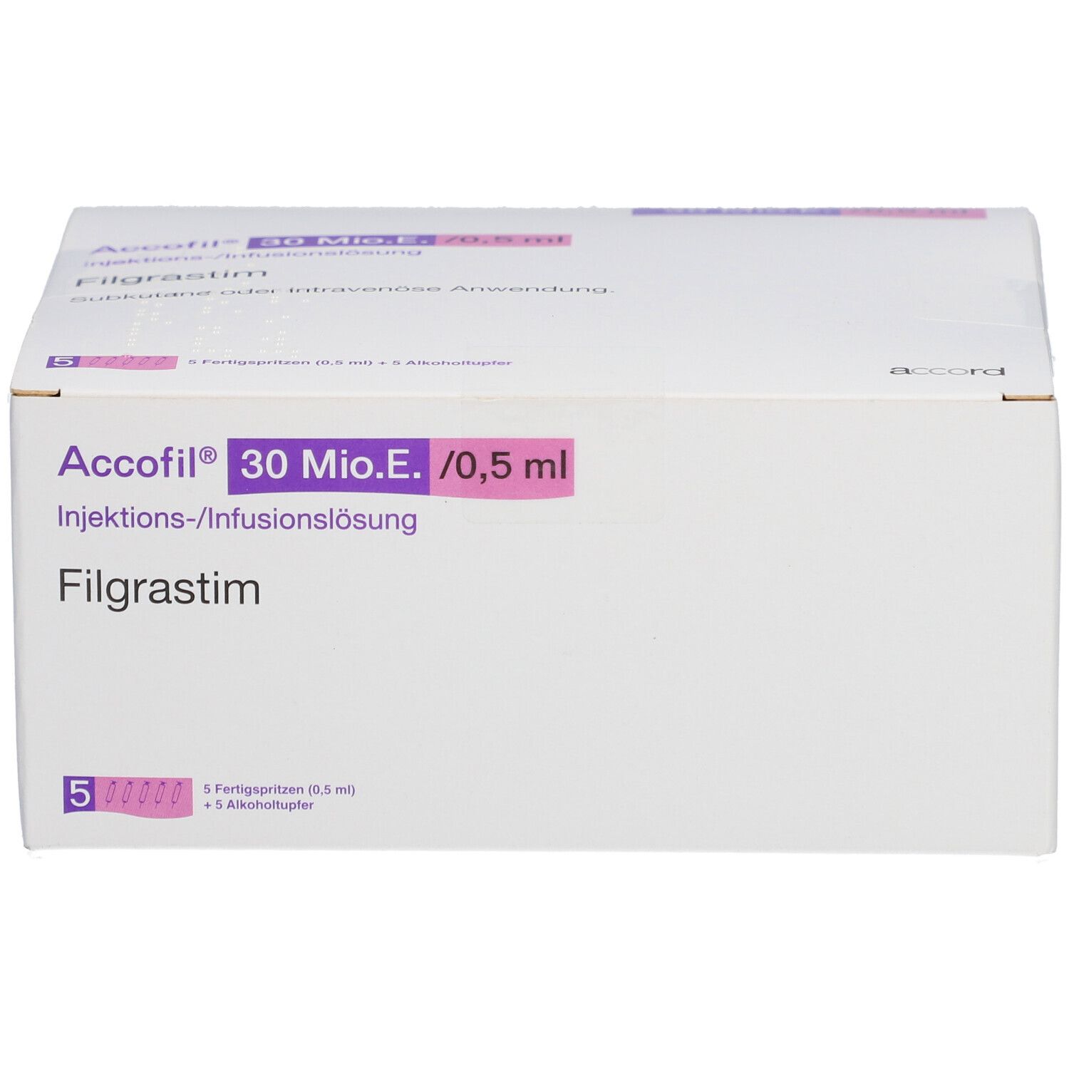 Accofil 30 Mio.E./0,5 ml Injektionslösung Filgrastim, Vorderseite mit Produktinformationen.