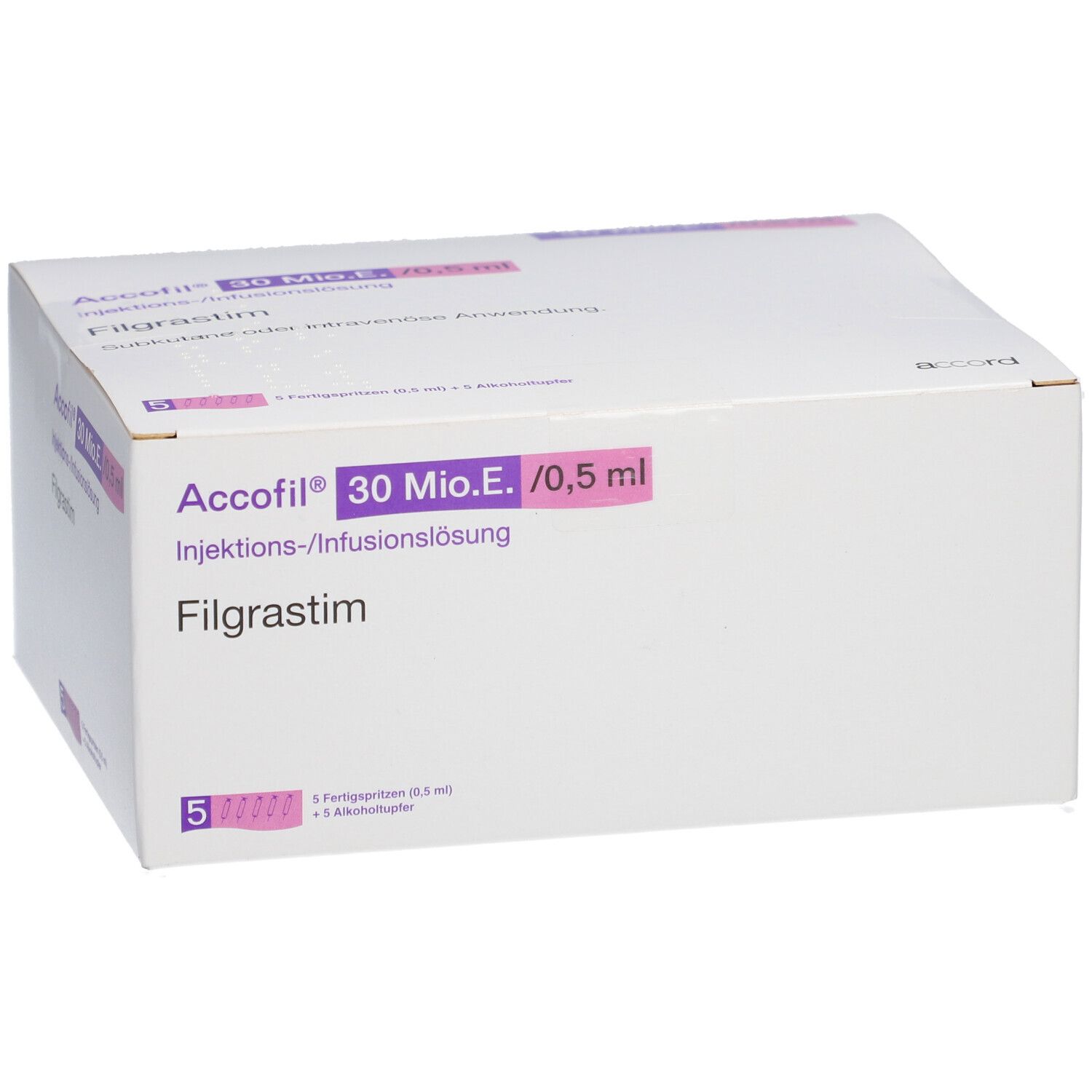 Accofil 30 Mio.E./0,5 ml Injektionslösung Filgrastim, Ansicht von vorne.
