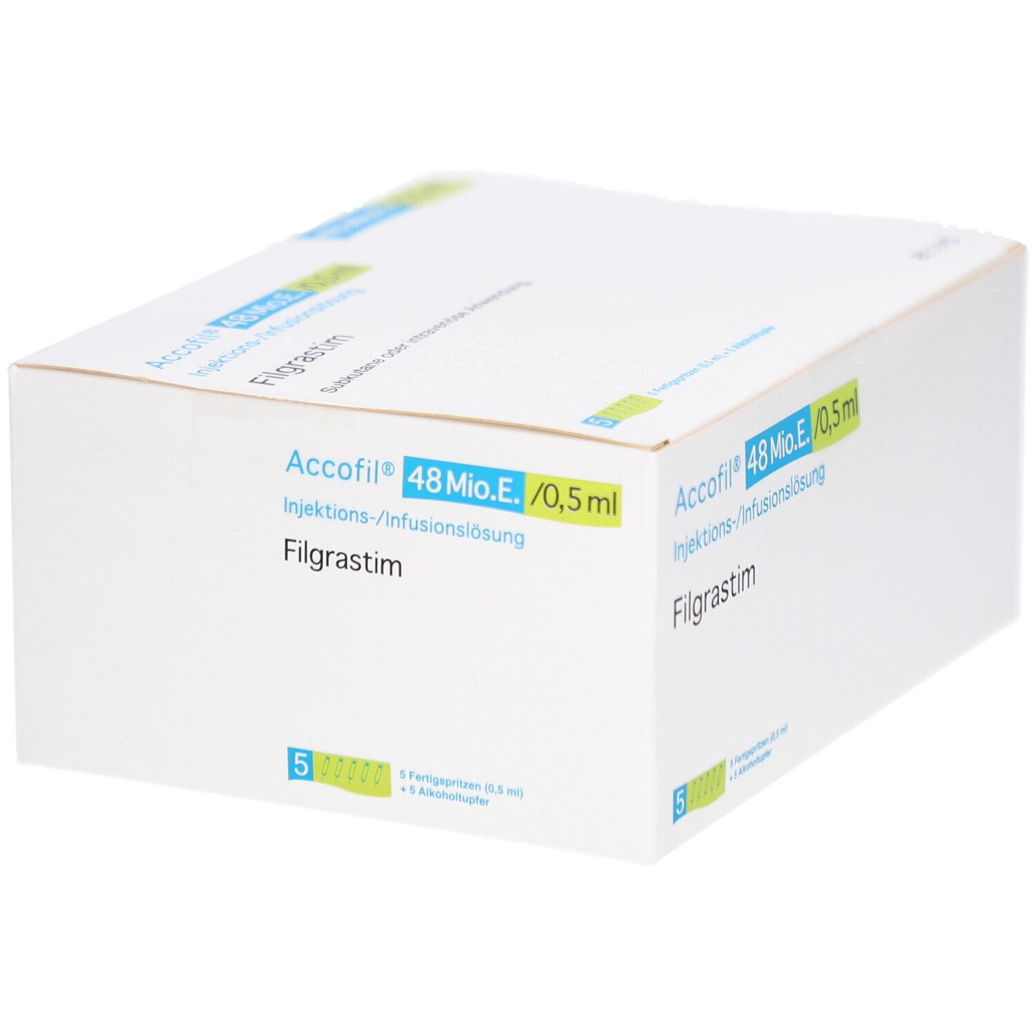 Weißer Karton mit grünen und blauen Akzenten. Aufschrift: Accofil 48 Mio.E./0,5 ml Filgrastim. Fünf Fertigspritzen sind abgebildet.