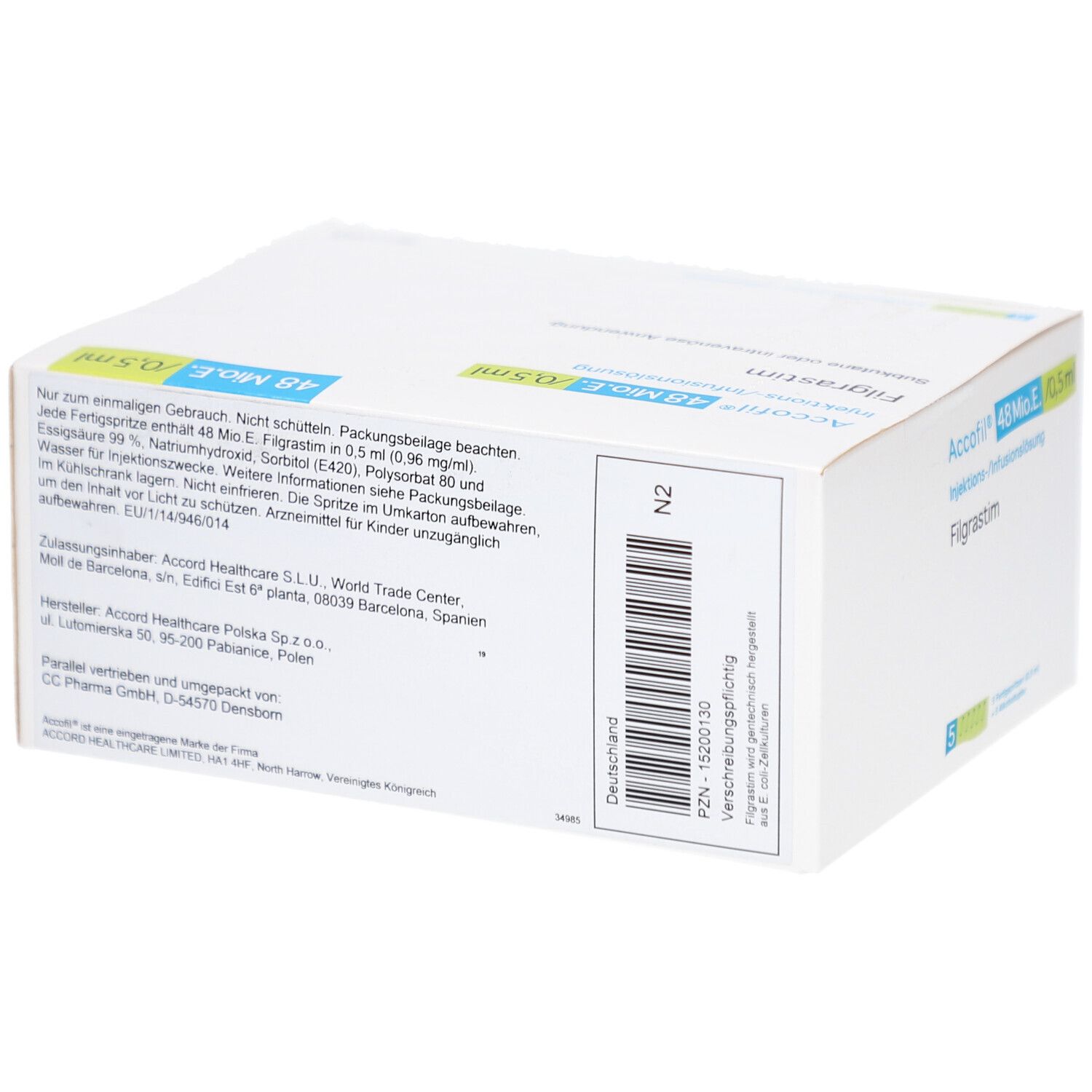 Rückseite des weißen Kartons. Textliche Informationen und Barcode. Aufschrift: Accofil 48 Mio.E./0,5 ml Filgrastim. Herstellerangaben.