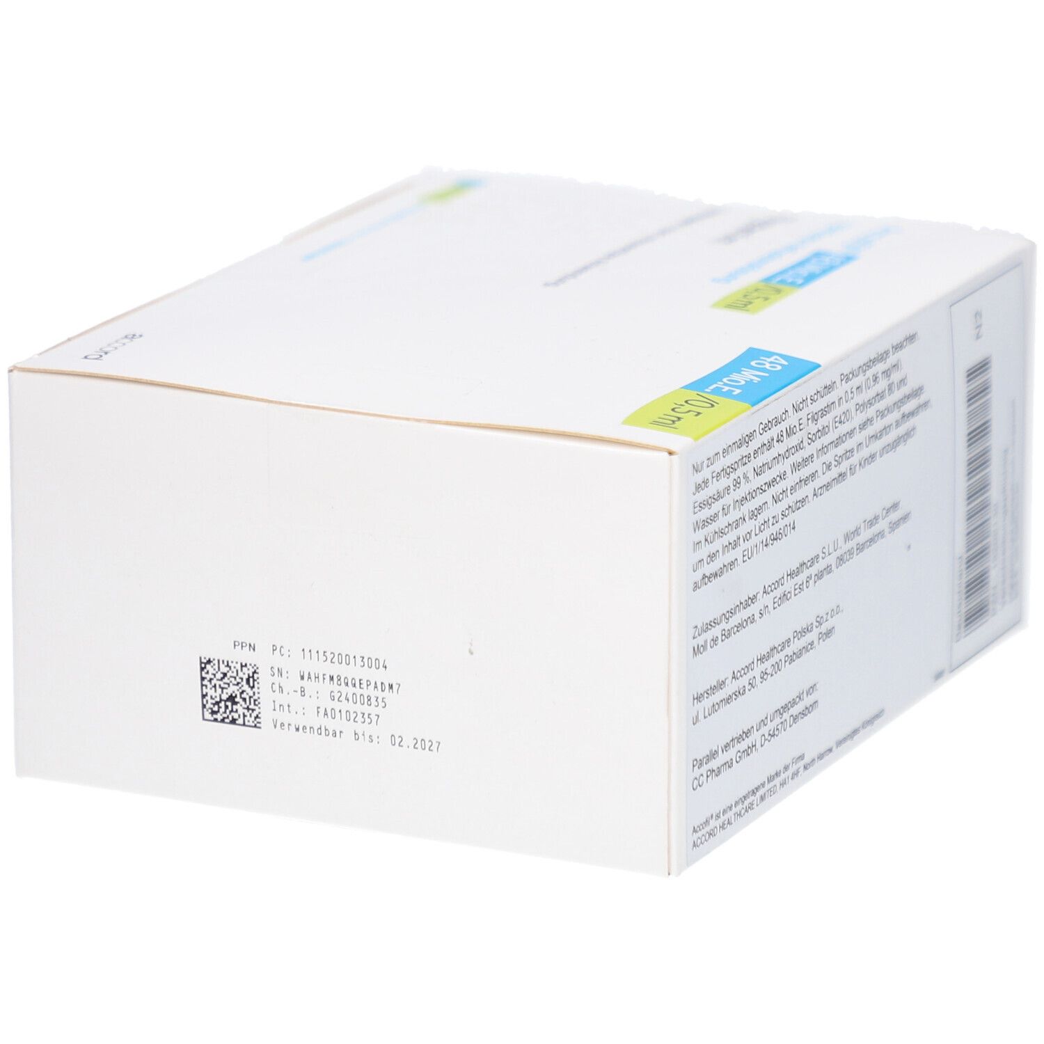 Unterseite des weißen Kartons. Textliche Informationen und QR-Code. Aufschrift: Accofil 48 Mio.E./0,5 ml Filgrastim. Chargennummer.