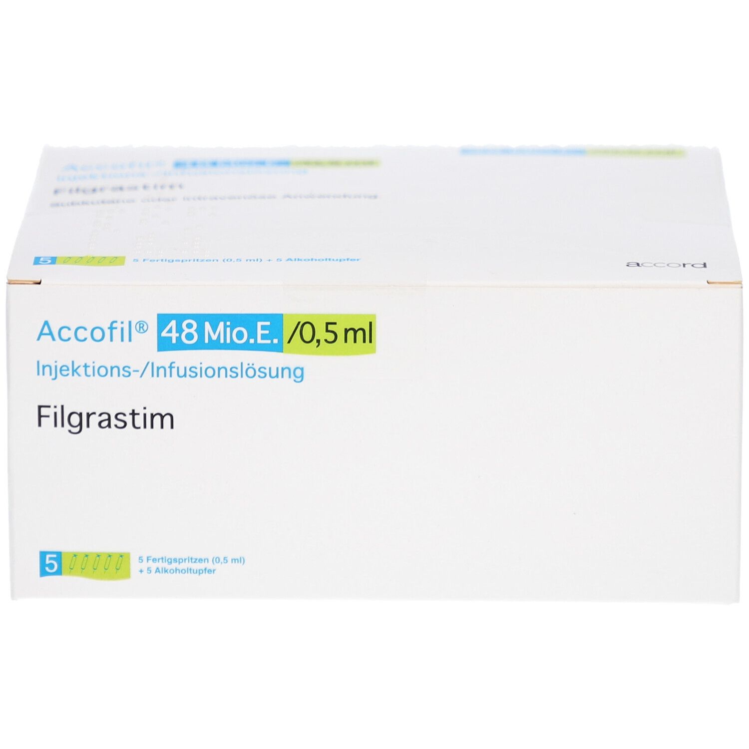Weißer Karton mit grünen und blauen Akzenten. Aufschrift: Accofil 48 Mio.E./0,5 ml Filgrastim. Fünf Fertigspritzen und Alkoholtupfer abgebildet.