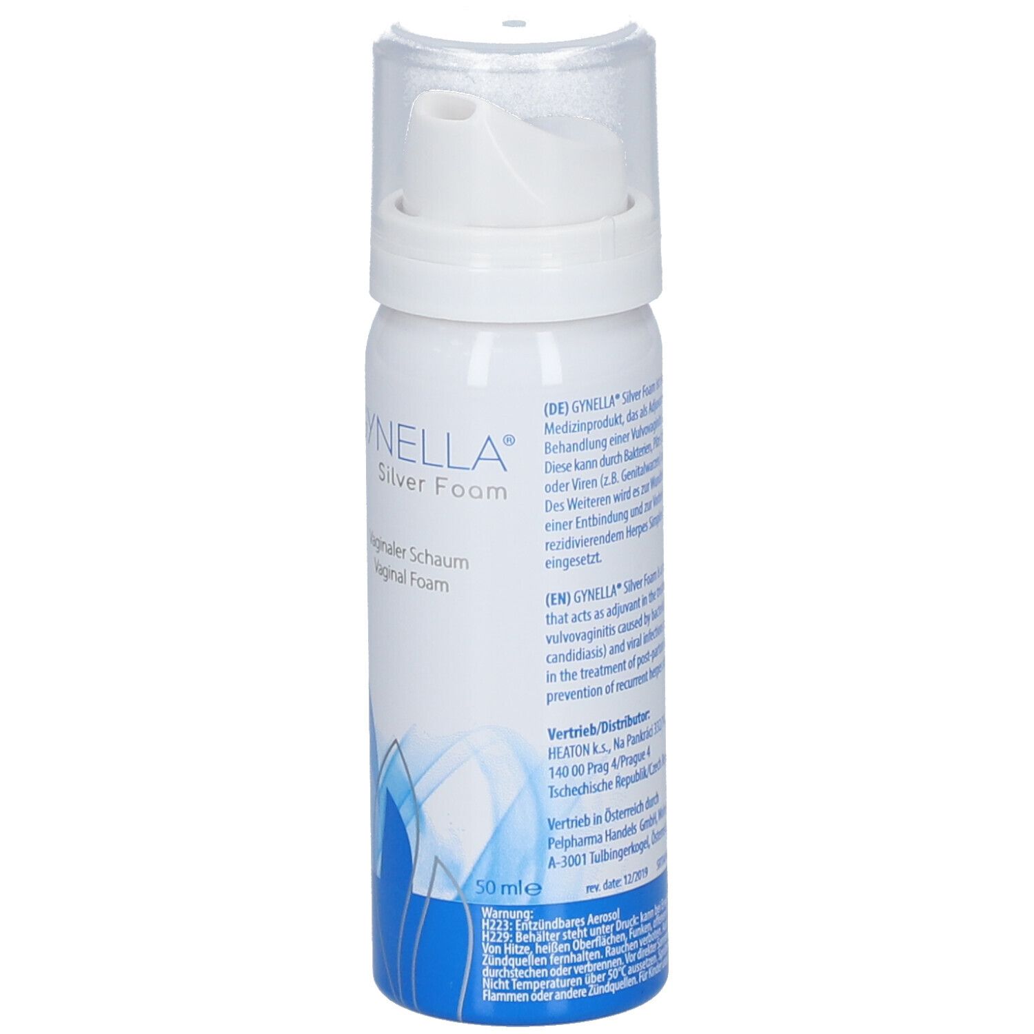 Silber-Schaum-Flasche mit Sprühkopf. Aufschrift: GYNELLA Silver Foam, Vaginaler Schaum. Blaue Grafik. 50 ml.