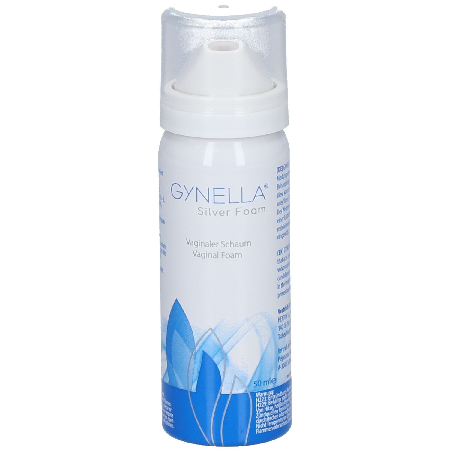 Silber-Schaum-Flasche mit Sprühkopf. Aufschrift: GYNELLA Silver Foam, Vaginaler Schaum. Blaue Grafik. 50 ml.